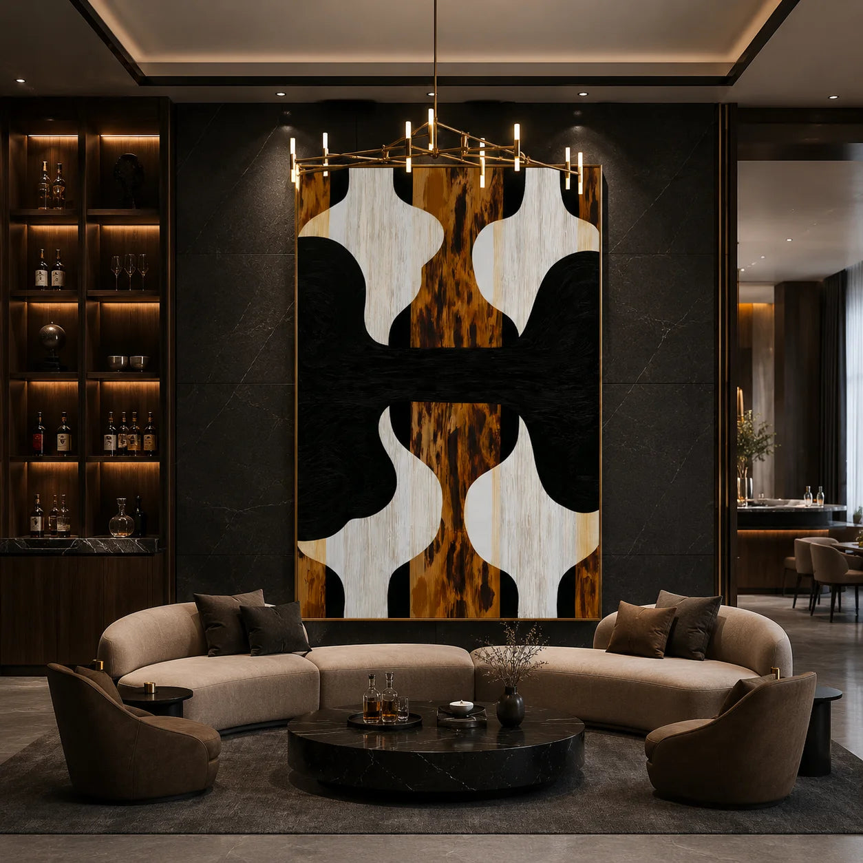 Black White and Walnut Wood Grain Abstract Geometric Hand-Painted Oil Painting | Modern Symmetrical Wall Art for Living Room Entryway and Dining Room