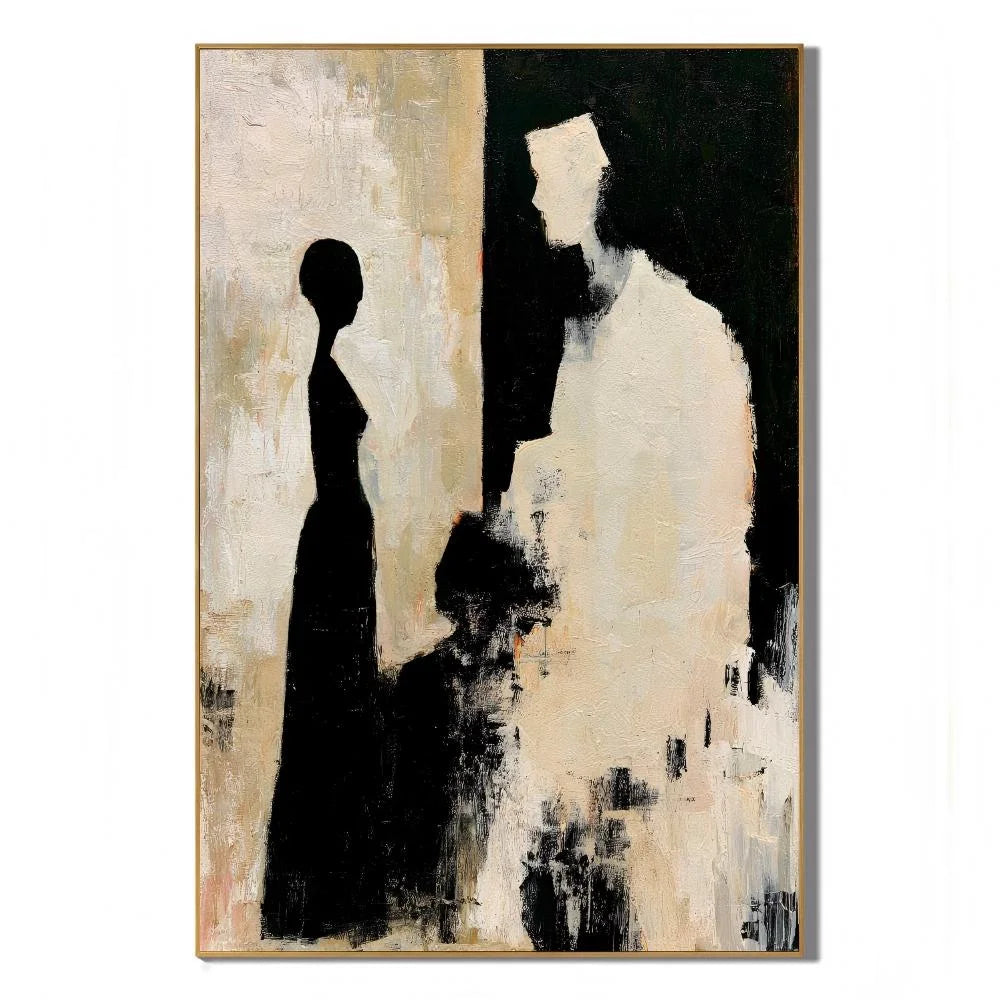 Black and Cream Abstract Figure Silhouette Hand-Painted Oil Painting | Modern Minimalist Couple Wall Art for Living Room, Bedroom and Entryway