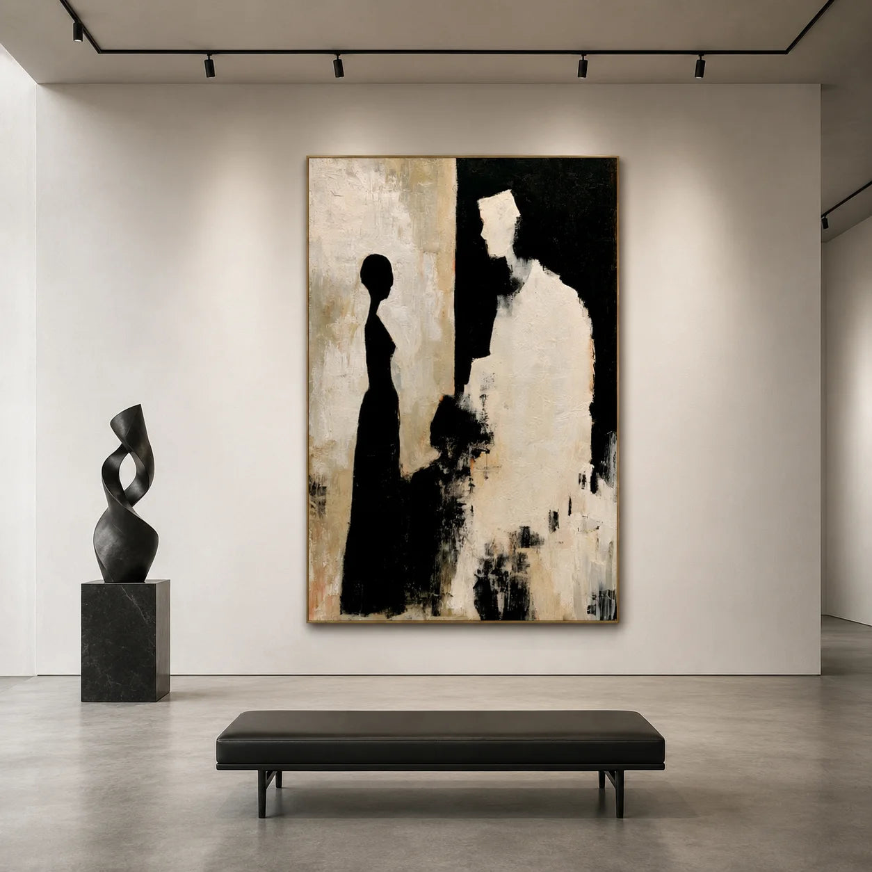 Black and Cream Abstract Figure Silhouette Hand-Painted Oil Painting | Modern Minimalist Couple Wall Art for Living Room, Bedroom and Entryway