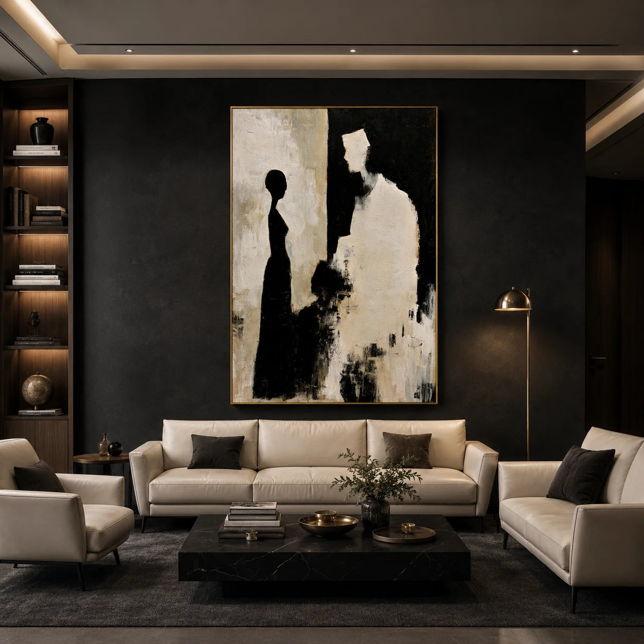 Black and Cream Abstract Figure Silhouette Hand-Painted Oil Painting | Modern Minimalist Couple Wall Art for Living Room, Bedroom and Entryway