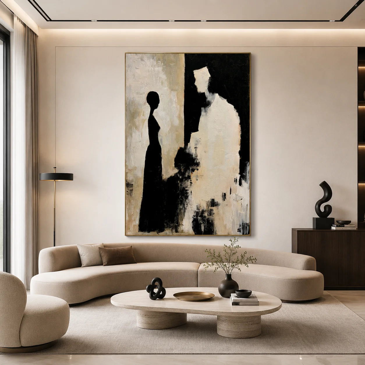 Black and Cream Abstract Figure Silhouette Hand-Painted Oil Painting | Modern Minimalist Couple Wall Art for Living Room, Bedroom and Entryway