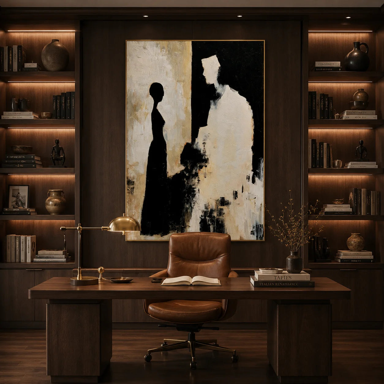 Black and Cream Abstract Figure Silhouette Hand-Painted Oil Painting | Modern Minimalist Couple Wall Art for Living Room, Bedroom and Entryway