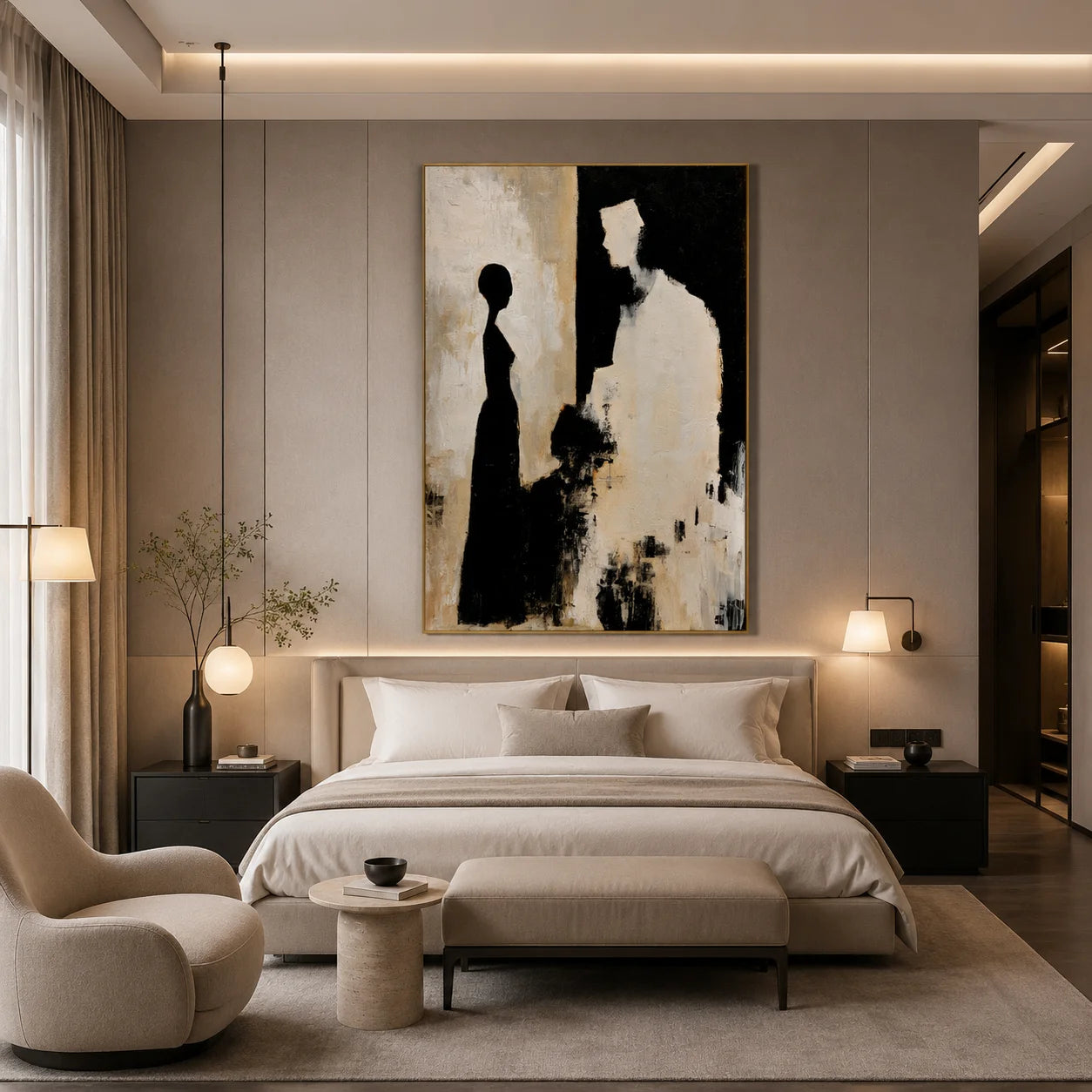 Black and Cream Abstract Figure Silhouette Hand-Painted Oil Painting | Modern Minimalist Couple Wall Art for Living Room, Bedroom and Entryway