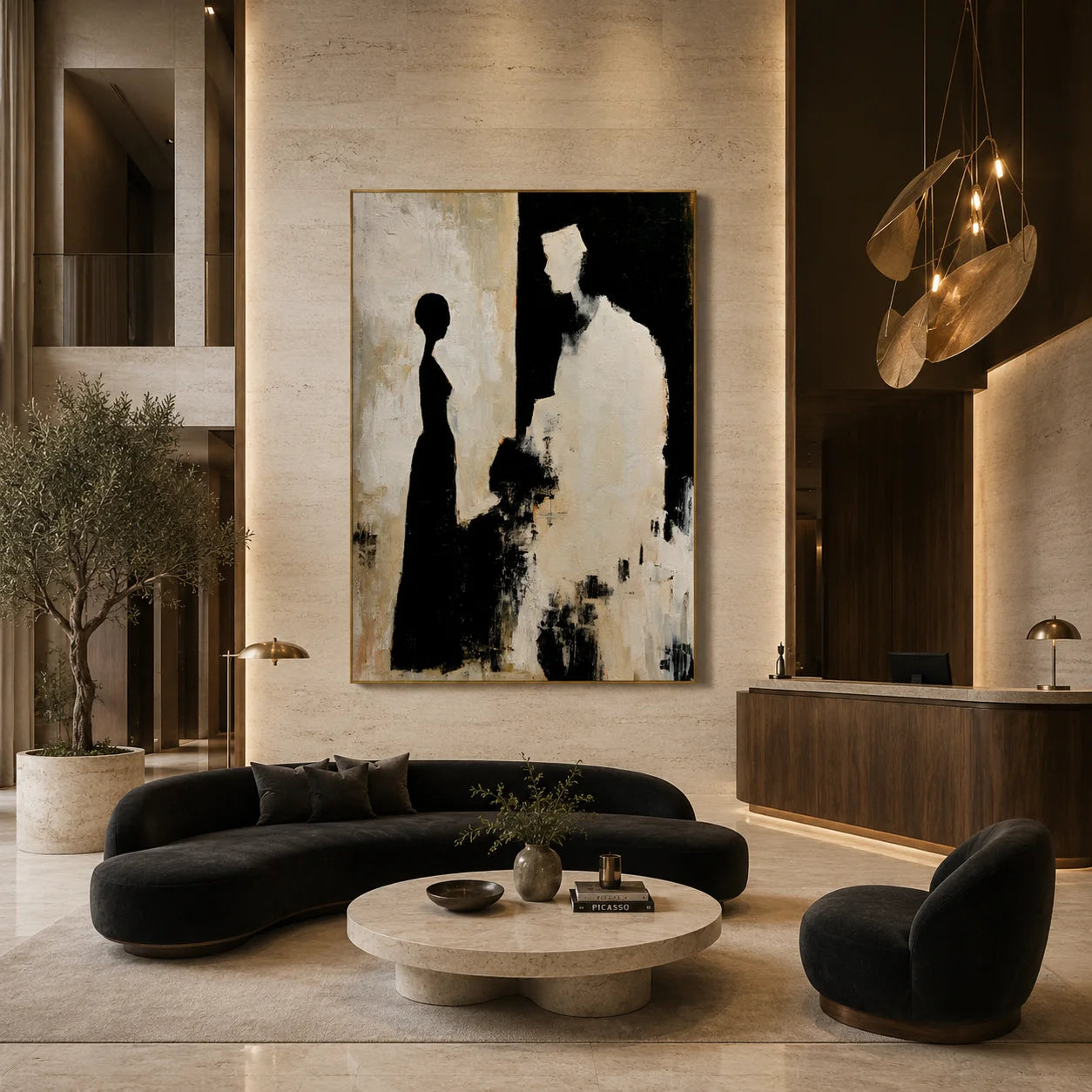 Black and Cream Abstract Figure Silhouette Hand-Painted Oil Painting | Modern Minimalist Couple Wall Art for Living Room, Bedroom and Entryway