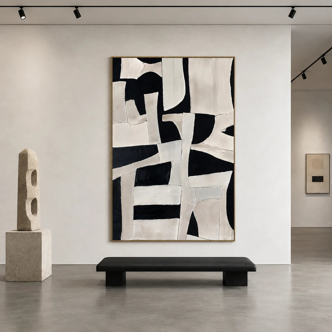 Black and Ivory Abstract Geometric Collage Textured Hand-Painted Oil Painting | Modern Irregular Shape Wall Art for Living Room, Bedroom and Entryway