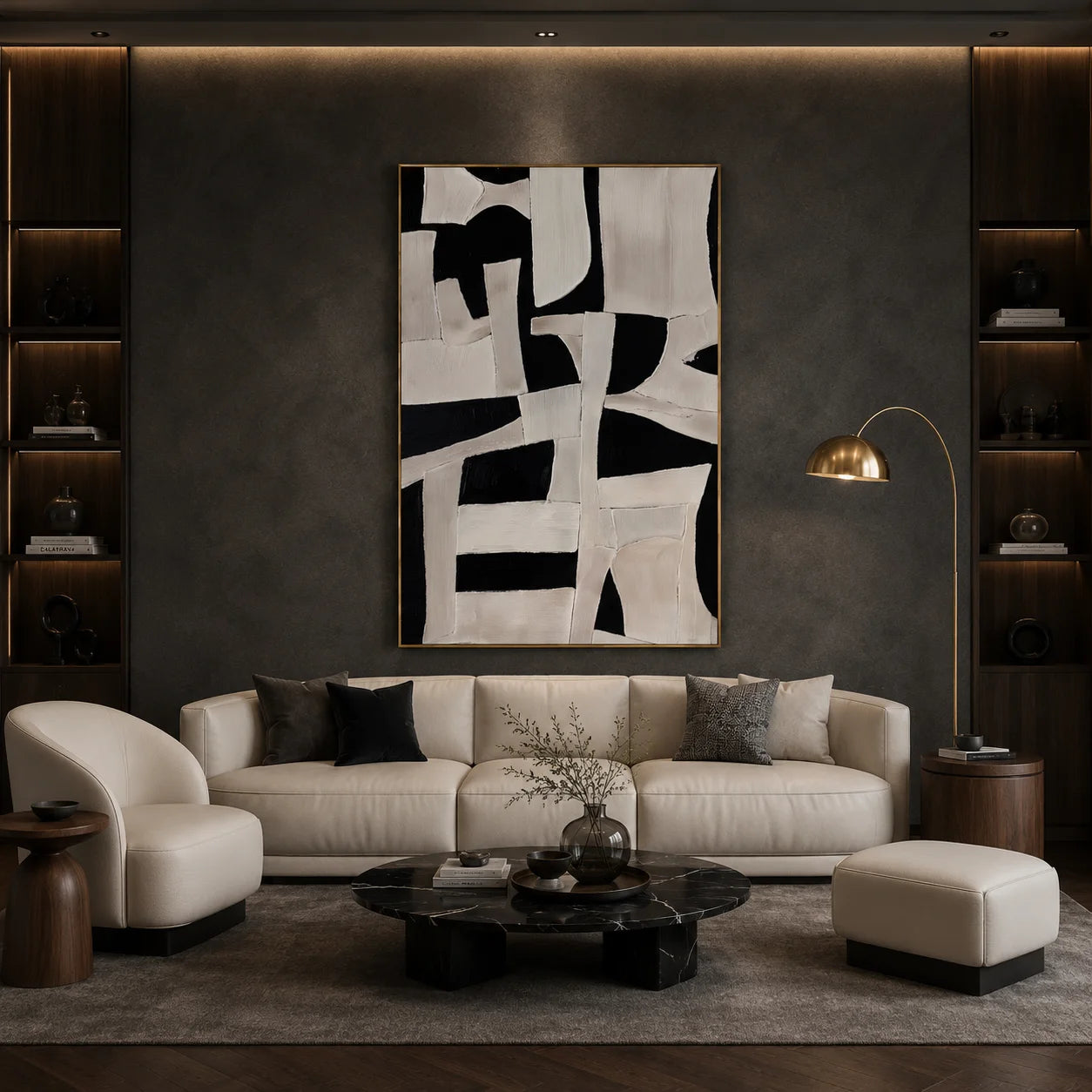 Black and Ivory Abstract Geometric Collage Textured Hand-Painted Oil Painting | Modern Irregular Shape Wall Art for Living Room, Bedroom and Entryway
