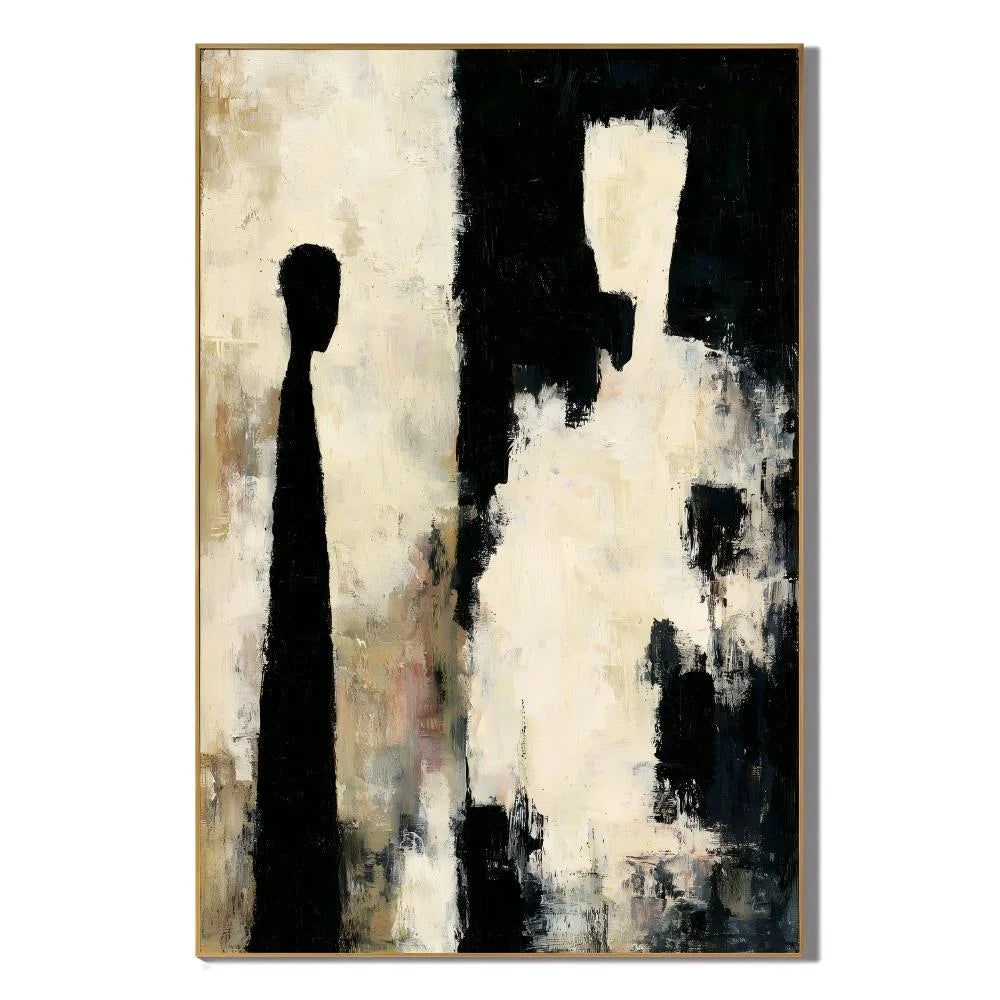 Black and White Abstract Figure Silhouette Hand-Painted Oil Painting | Neutral Textured Modern Wall Art for Living Room and Entryway