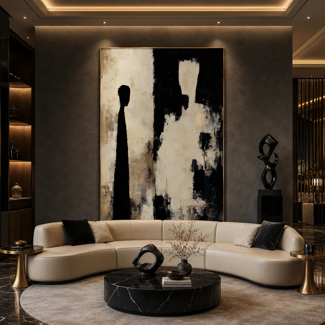 Black and White Abstract Figure Silhouette Hand-Painted Oil Painting | Neutral Textured Modern Wall Art for Living Room and Entryway