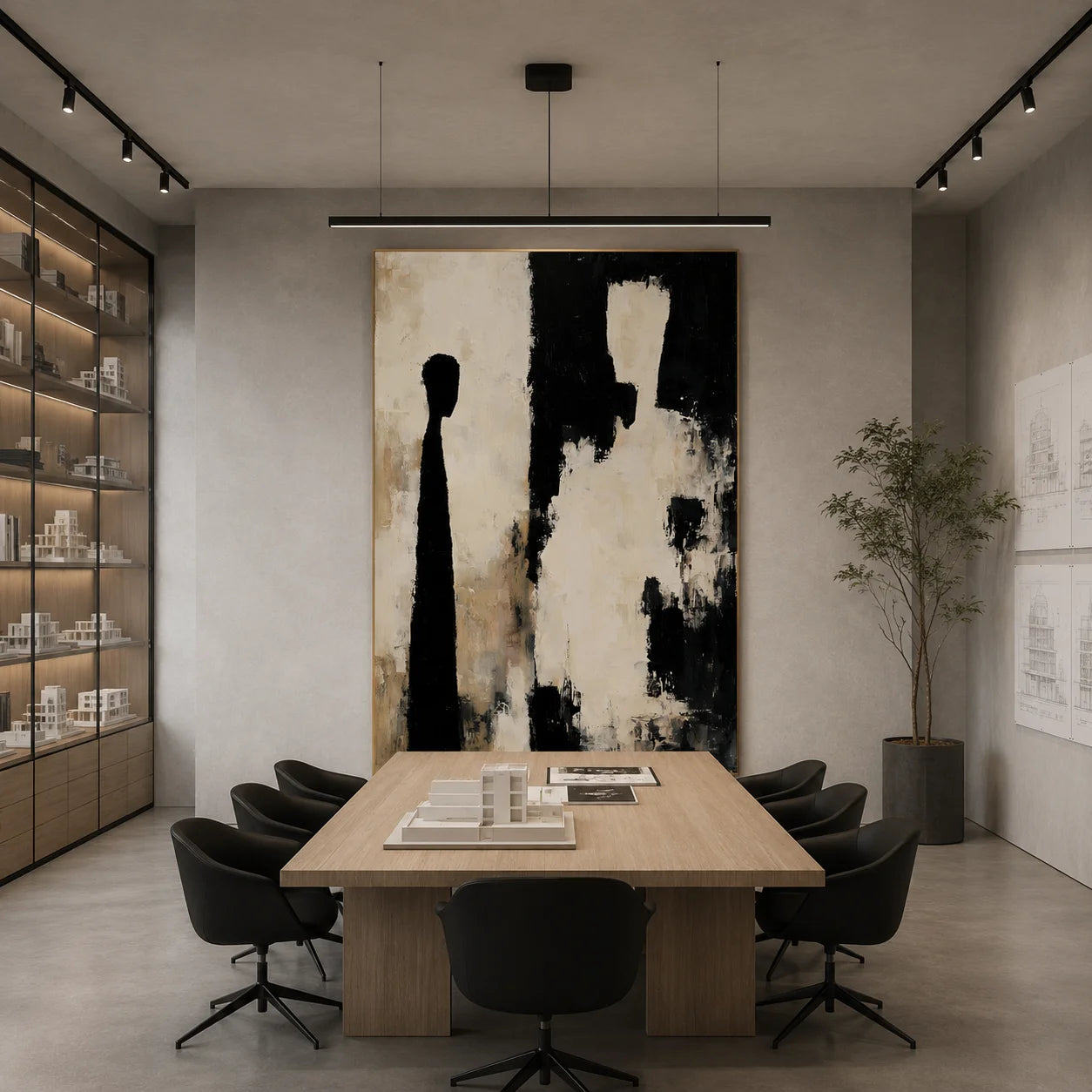 Black and White Abstract Figure Silhouette Hand-Painted Oil Painting | Neutral Textured Modern Wall Art for Living Room and Entryway