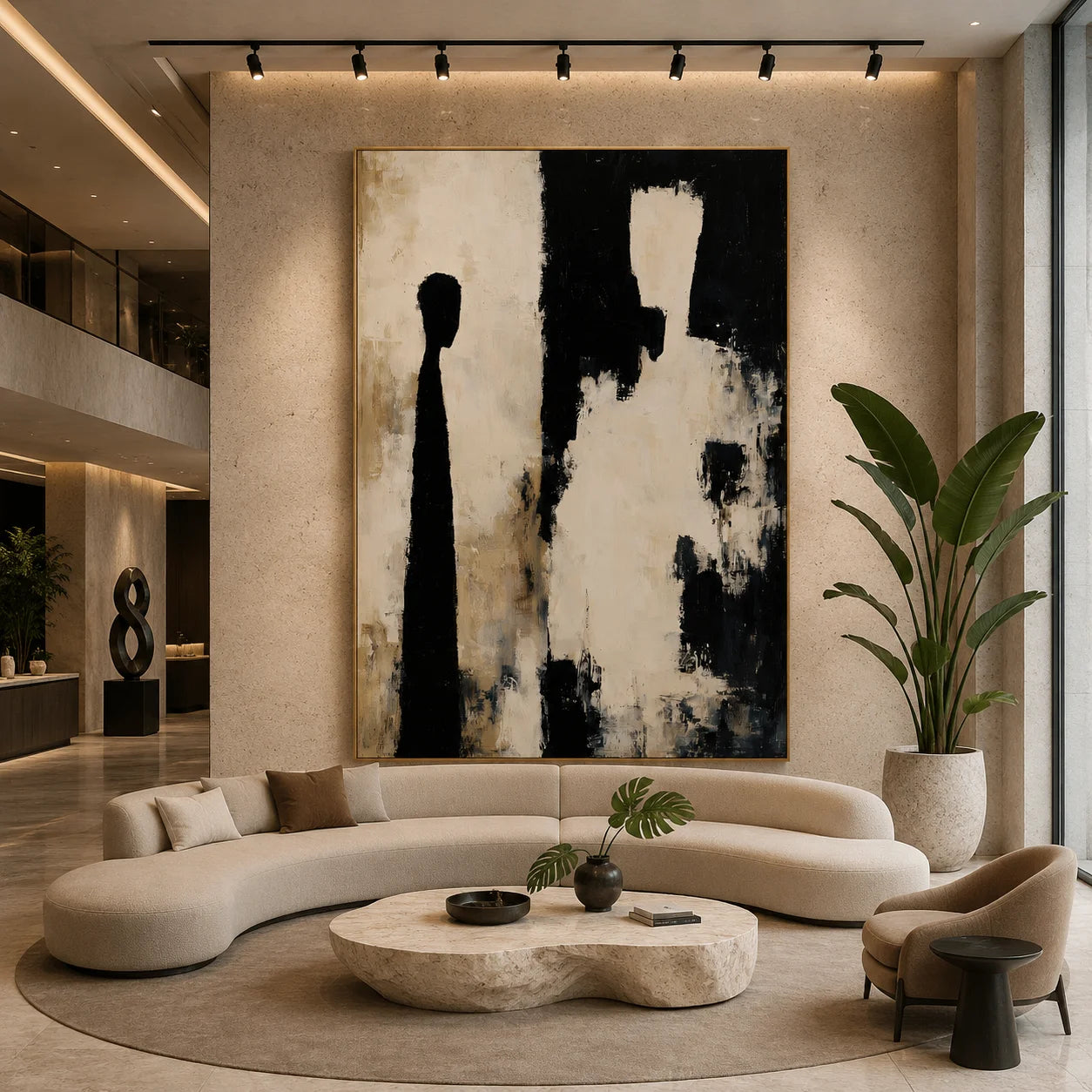 Black and White Abstract Figure Silhouette Hand-Painted Oil Painting | Neutral Textured Modern Wall Art for Living Room and Entryway