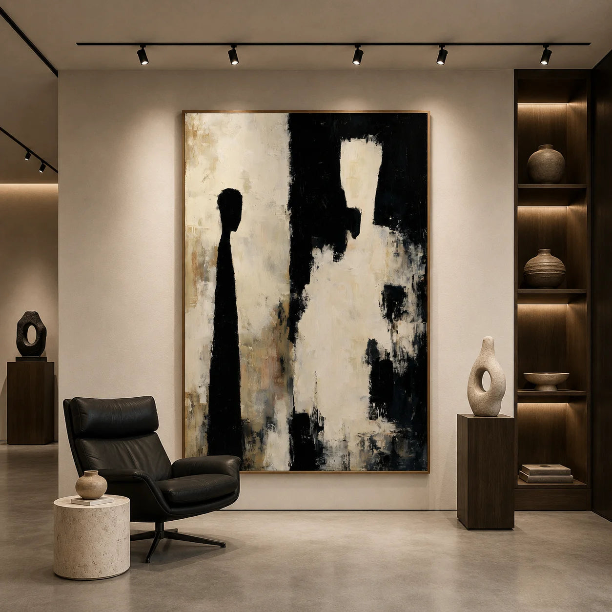 Black and White Abstract Figure Silhouette Hand-Painted Oil Painting | Neutral Textured Modern Wall Art for Living Room and Entryway