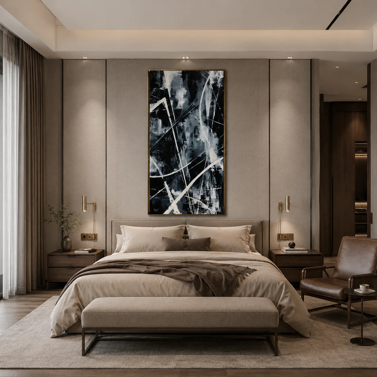 Black and White Abstract Hand-Painted Oil Painting | Modern Geometric Line Wall Art # OA 1026