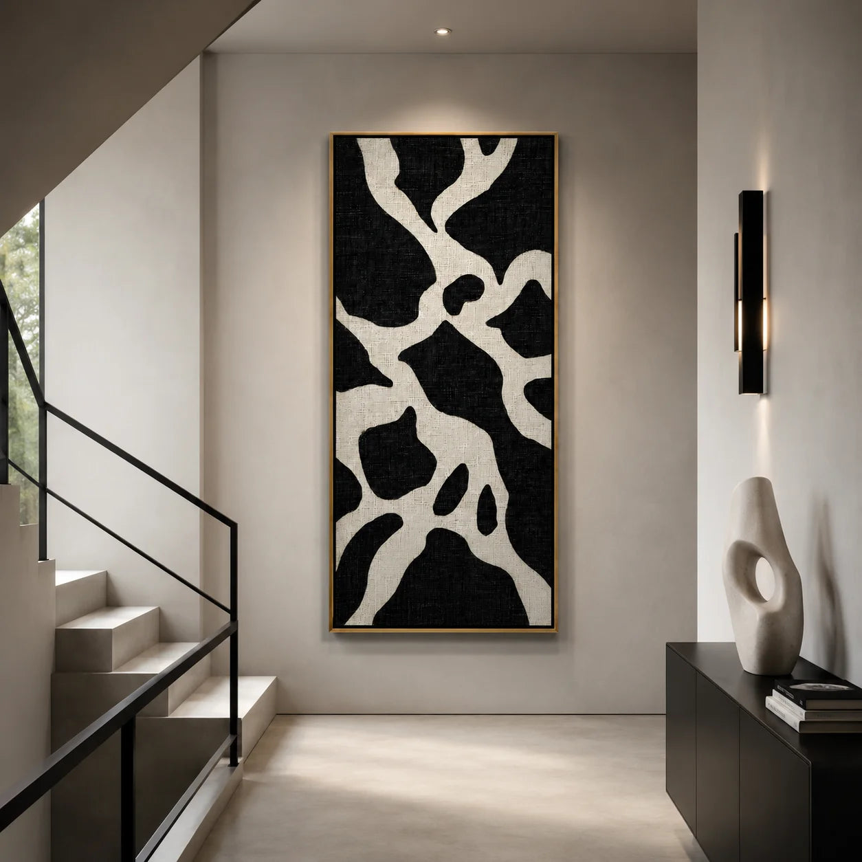 Black and White Abstract Hand-Painted Oil Painting, Vertical Textured Canvas Wall Art for Modern Home Decor#OA 0931