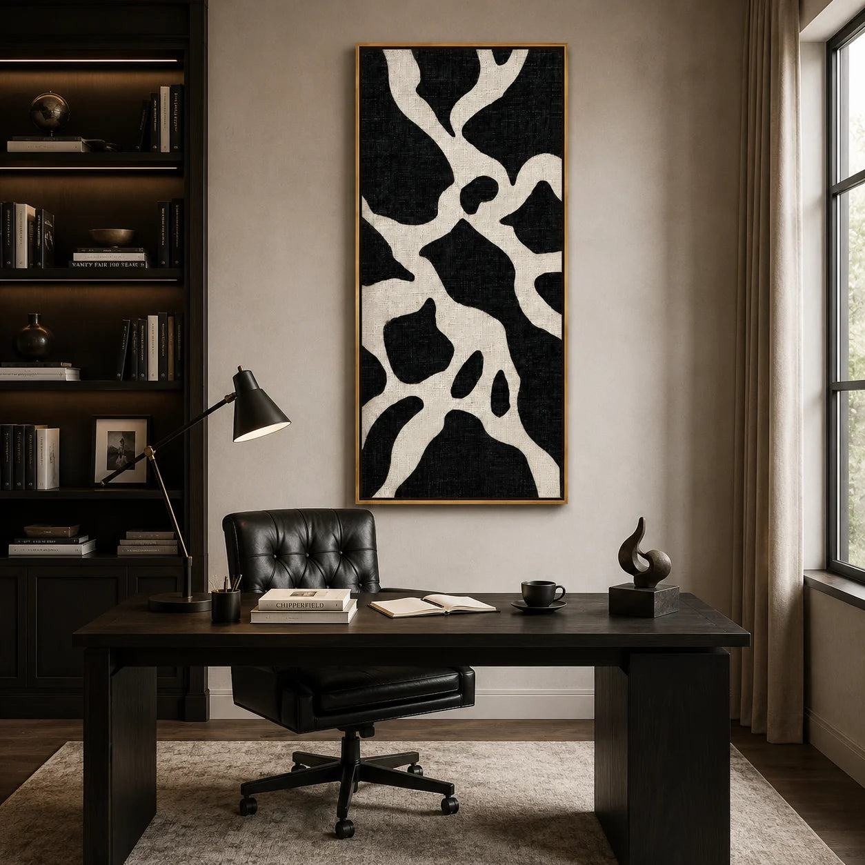 Black and White Abstract Hand-Painted Oil Painting, Vertical Textured Canvas Wall Art for Modern Home Decor#OA 0931