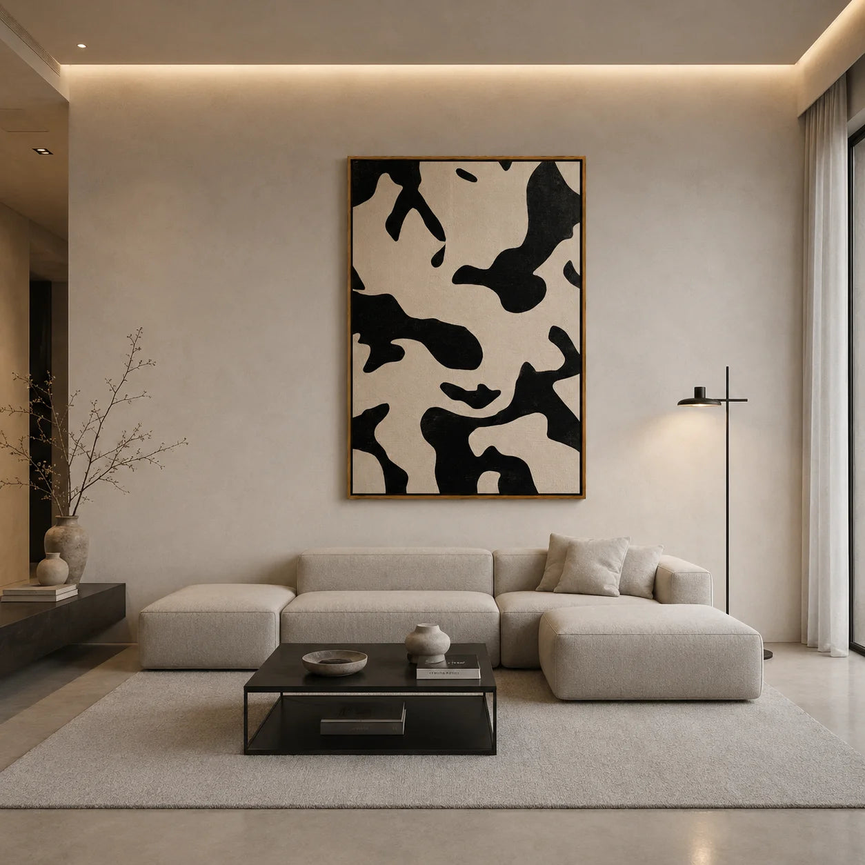 Black and White Cow Print Abstract Hand-Painted Oil Painting | Modern Minimalist Wall Art with Neutral Animal Pattern#OA1017