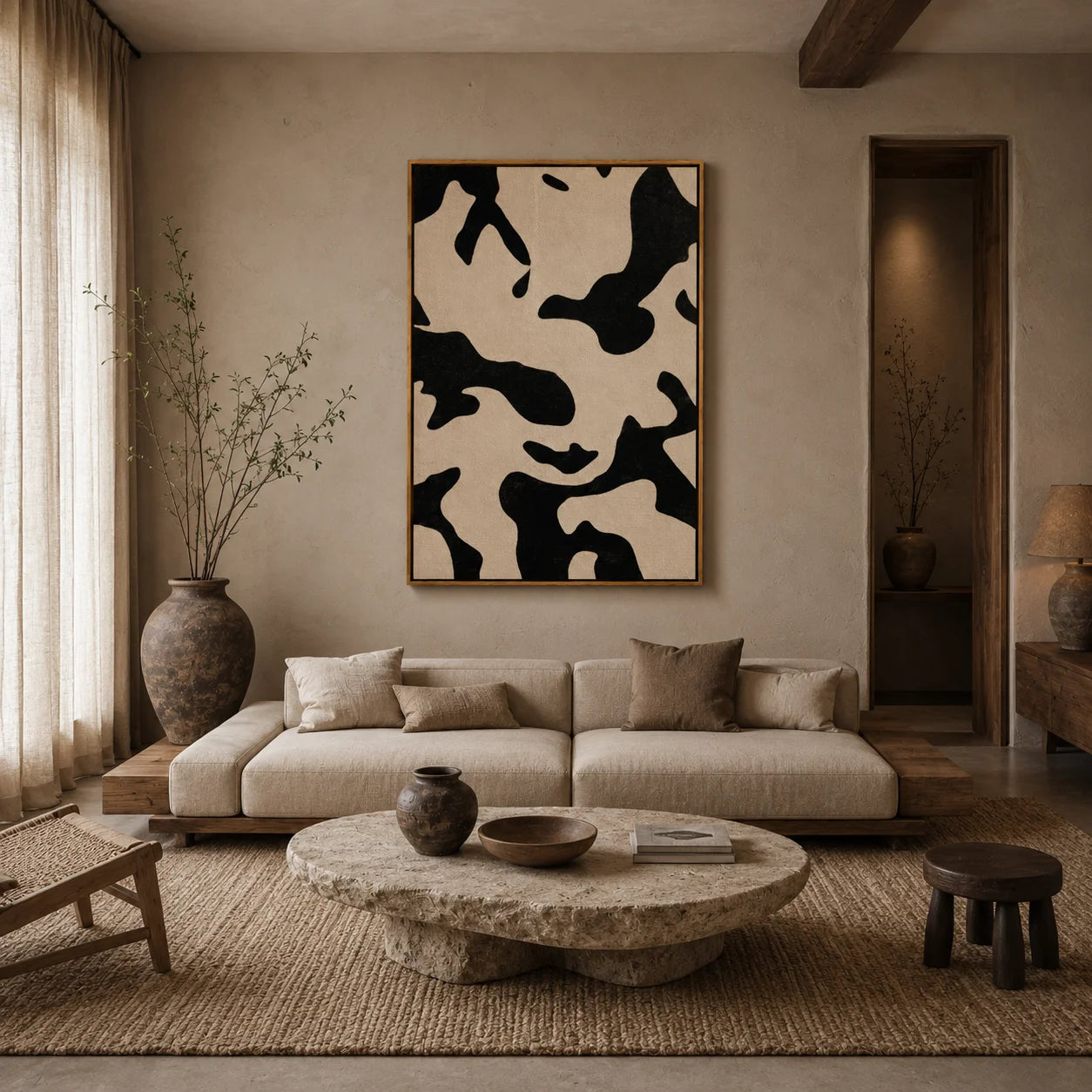 Black and White Cow Print Abstract Hand-Painted Oil Painting | Modern Minimalist Wall Art with Neutral Animal Pattern#OA1017