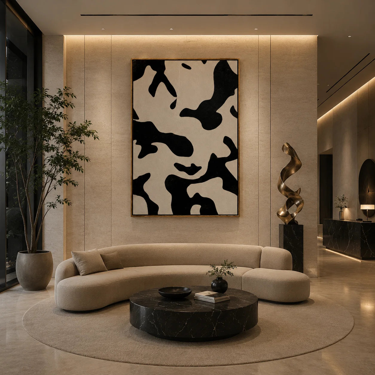 Black and White Cow Print Abstract Hand-Painted Oil Painting | Modern Minimalist Wall Art with Neutral Animal Pattern#OA1017