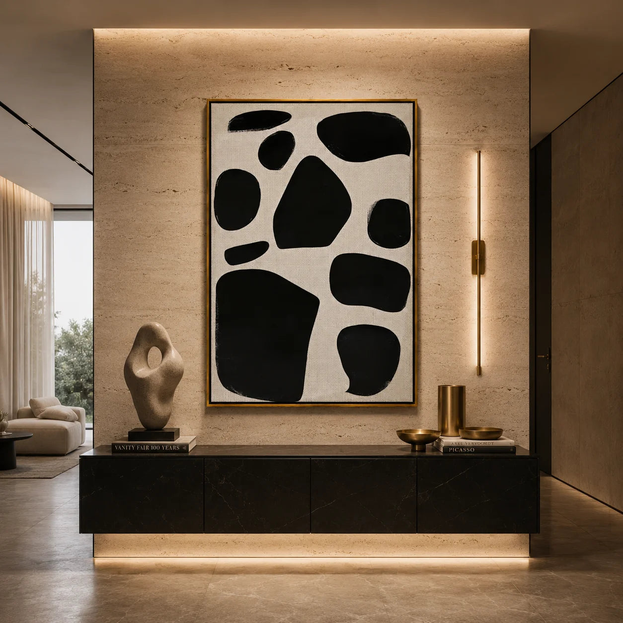 Black and White Minimalist Abstract Hand-Painted Oil Painting | Modern Geometric Wall Art for Nordic Wabi-Sabi Decor#OA1007