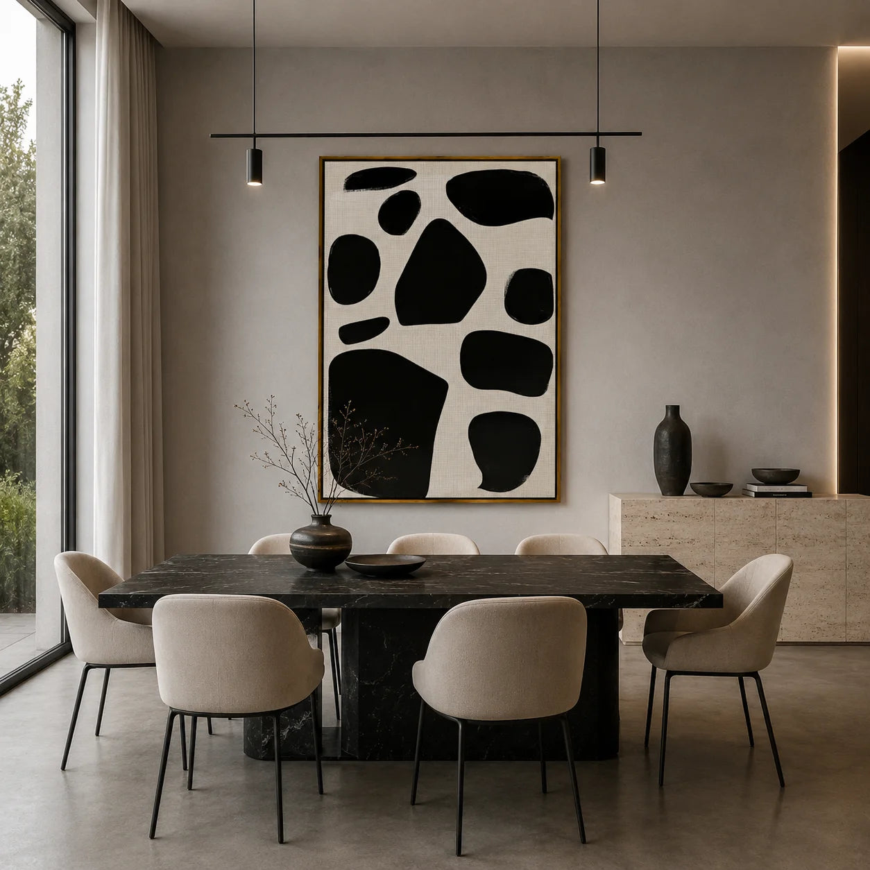 Black and White Minimalist Abstract Hand-Painted Oil Painting | Modern Geometric Wall Art for Nordic Wabi-Sabi Decor#OA1007