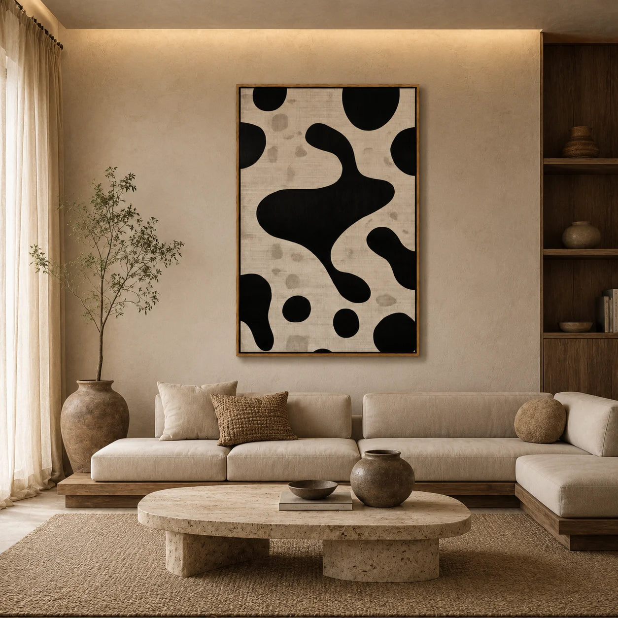 Black and White Minimalist Abstract Hand-Painted Oil Painting | Modern Organic Geometric Wall Art for Neutral Decor#OA1018
