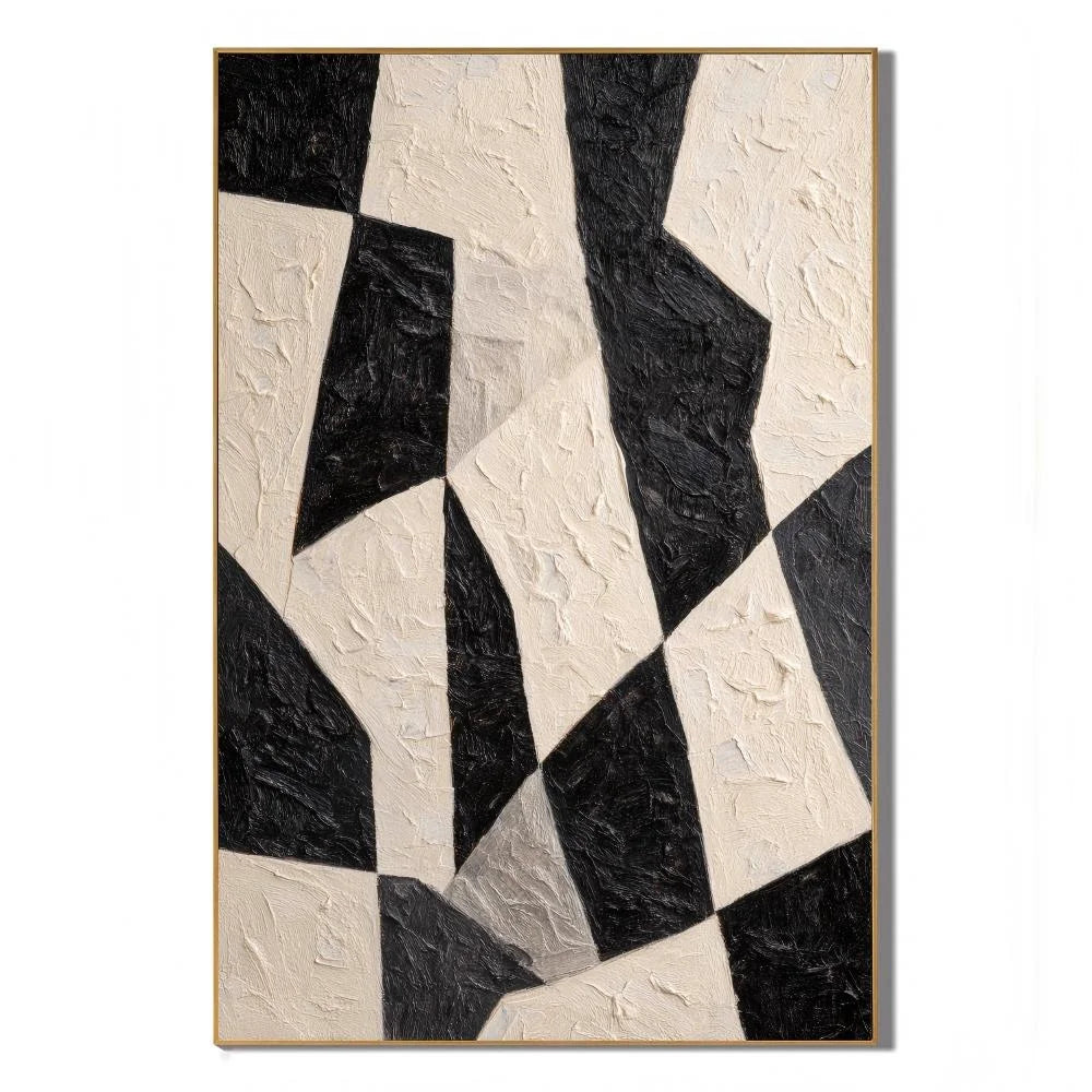 Black and White Minimalist Geometric Hand-Painted Oil Painting | Modern Abstract Textured Wall Art for Living Room, Bedroom and Entryway