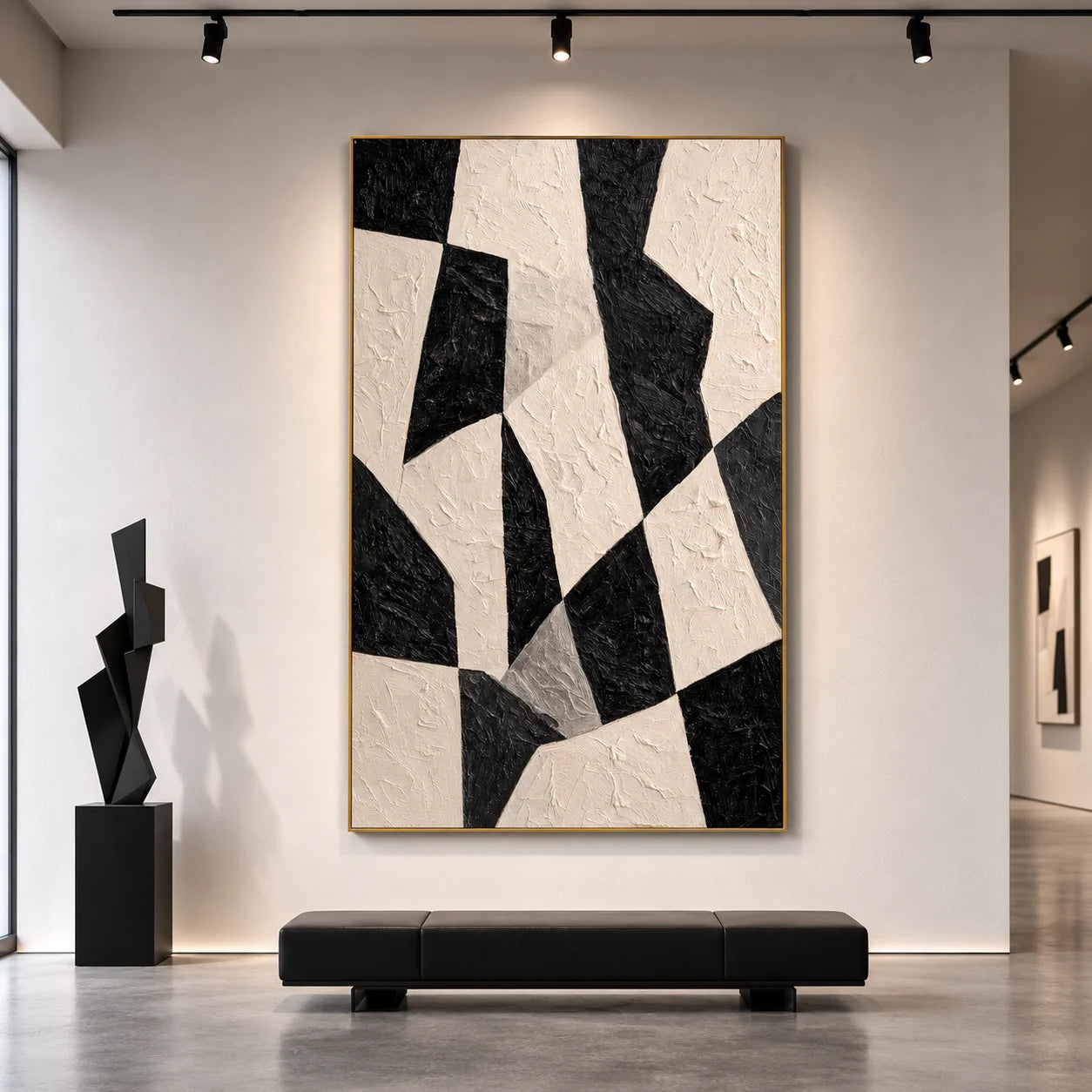 Black and White Minimalist Geometric Hand-Painted Oil Painting | Modern Abstract Textured Wall Art for Living Room, Bedroom and Entryway