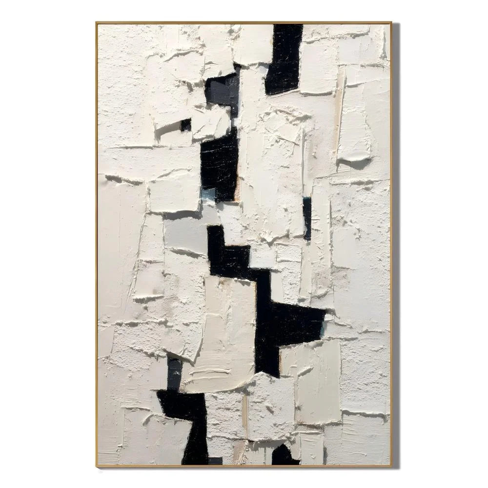 Black and White Minimalist Geometric Textured Hand-Painted Oil Painting | Modern Palette Knife Abstract Wall Art for Living Room, Bedroom and Entryway