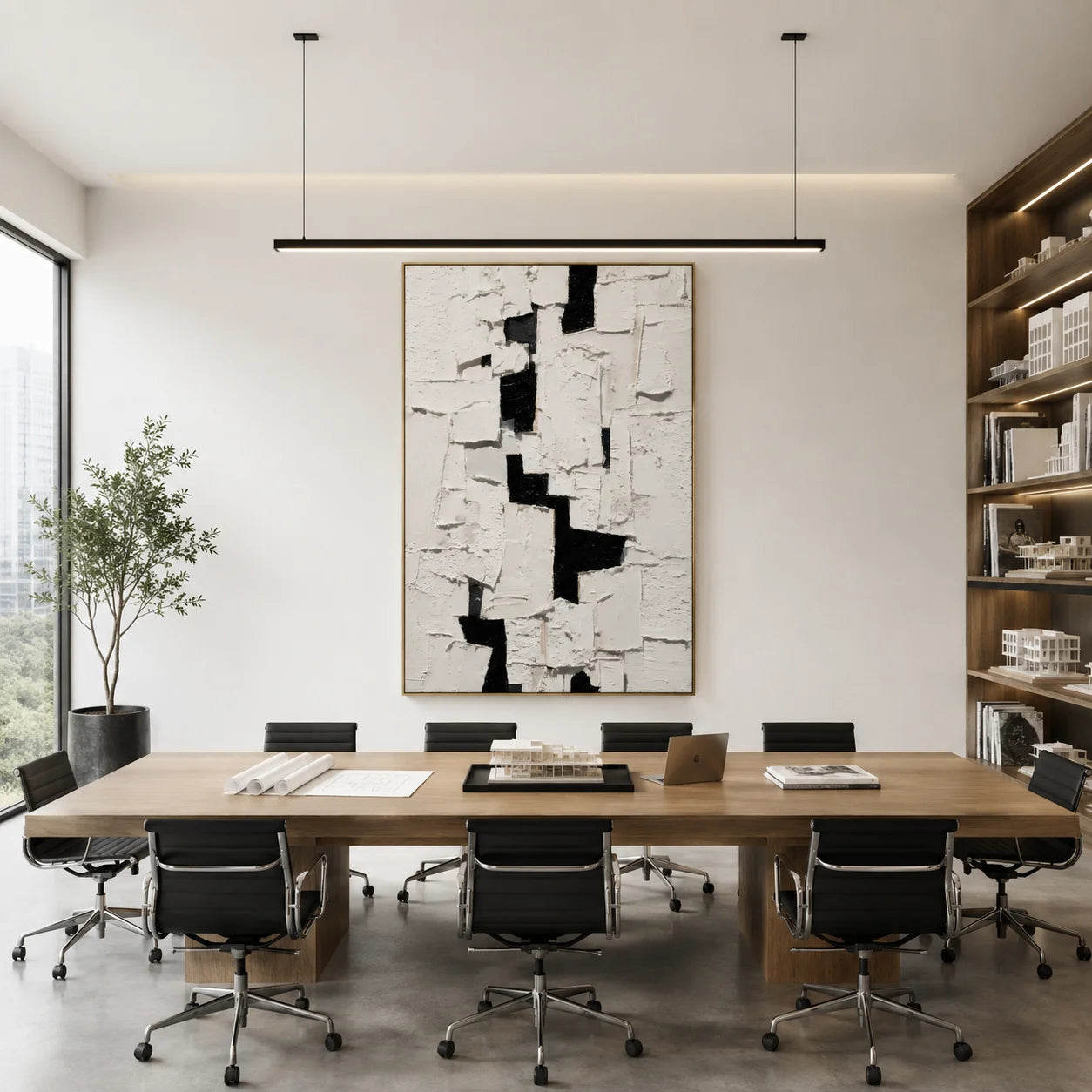 Black and White Minimalist Geometric Textured Hand-Painted Oil Painting | Modern Palette Knife Abstract Wall Art for Living Room, Bedroom and Entryway