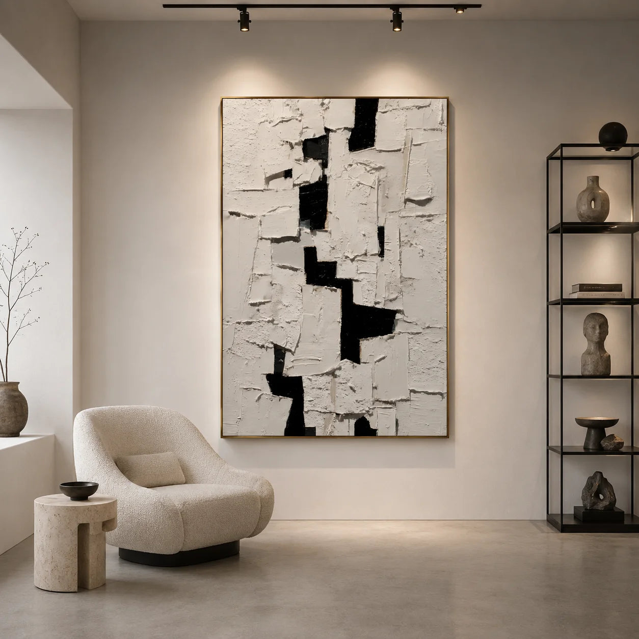 Black and White Minimalist Geometric Textured Hand-Painted Oil Painting | Modern Palette Knife Abstract Wall Art for Living Room, Bedroom and Entryway