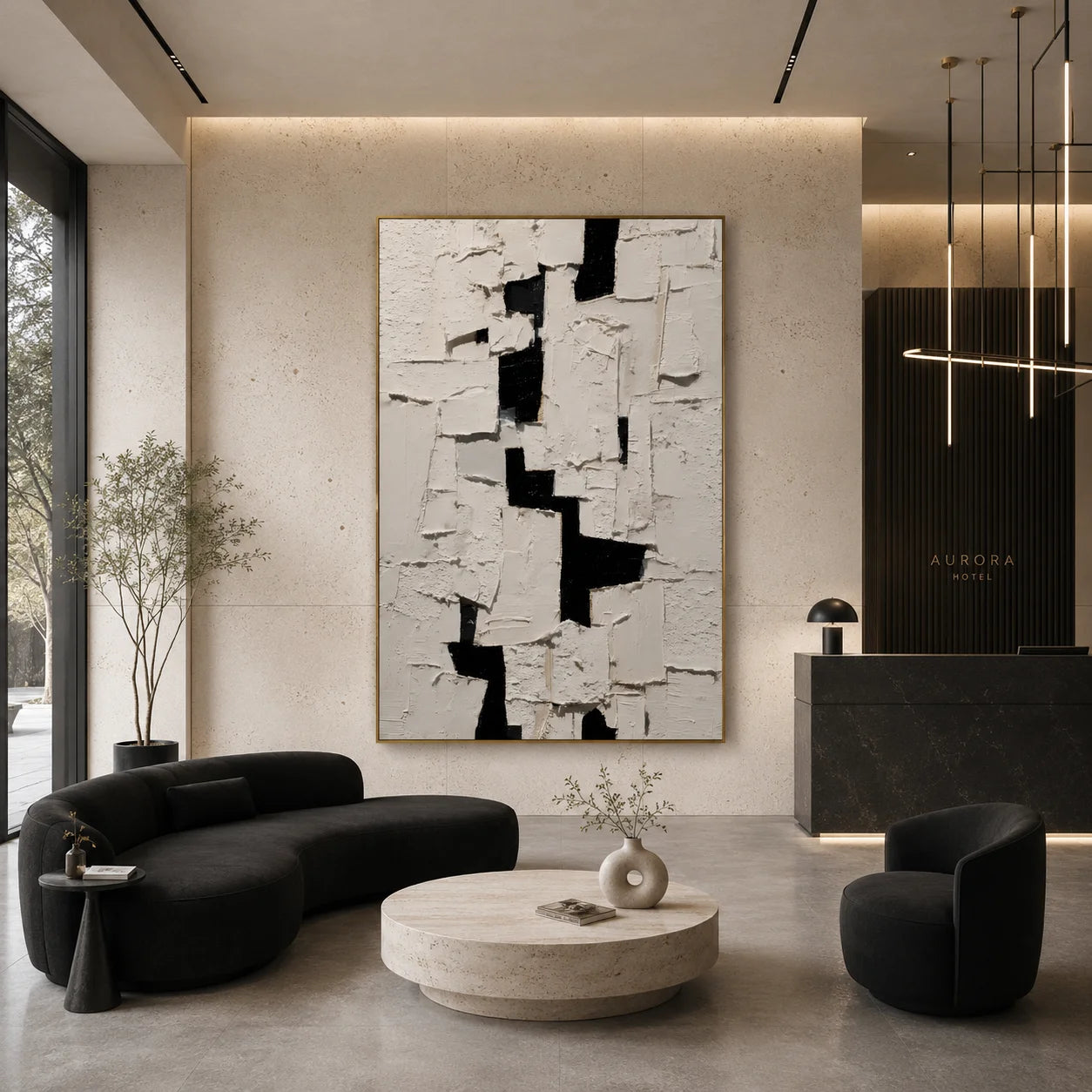 Black and White Minimalist Geometric Textured Hand-Painted Oil Painting | Modern Palette Knife Abstract Wall Art for Living Room, Bedroom and Entryway