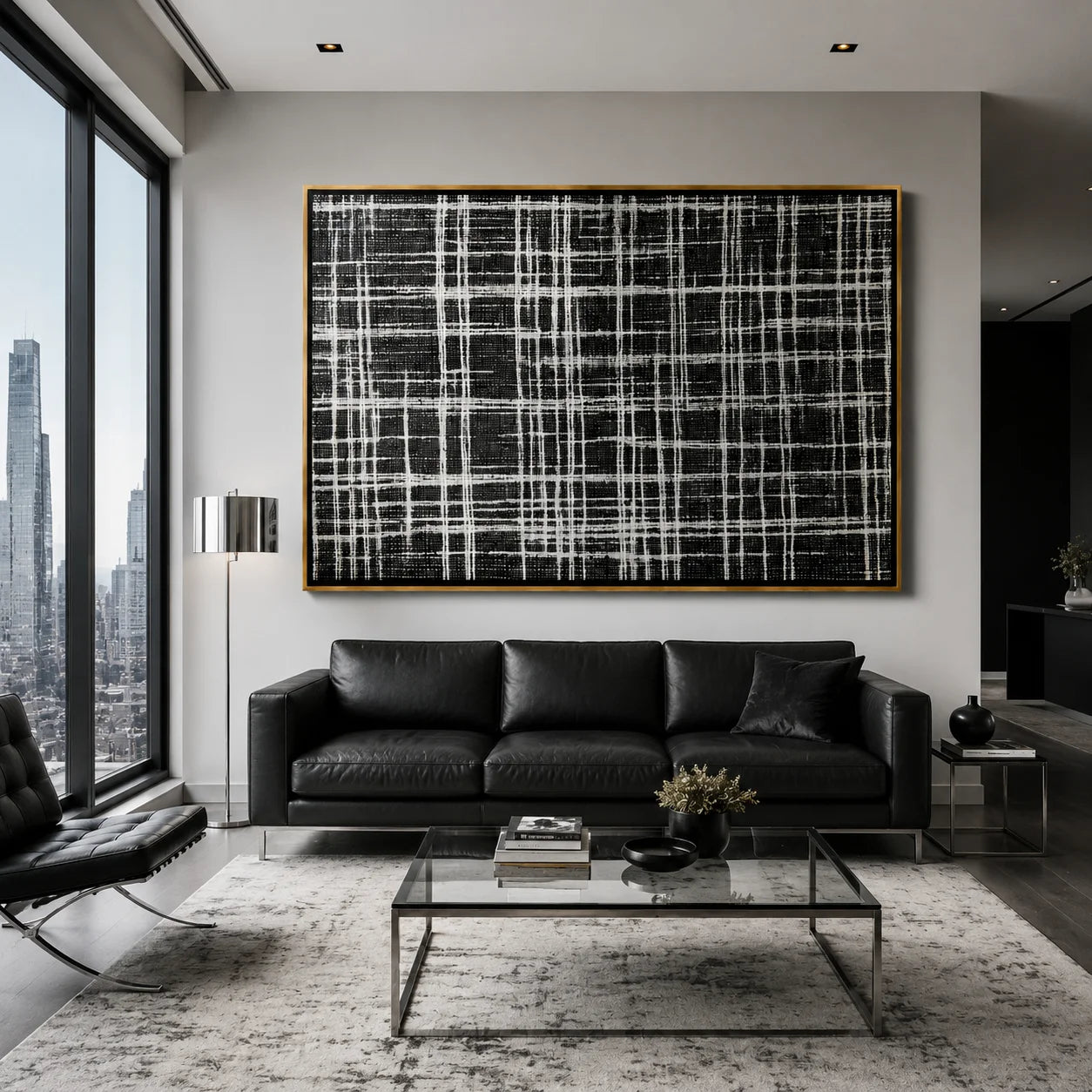 Black and White Plaid Hand-Painted Oil Painting, Modern Textured Abstract Canvas Wall Art for Luxury Home Decor#OA 0946