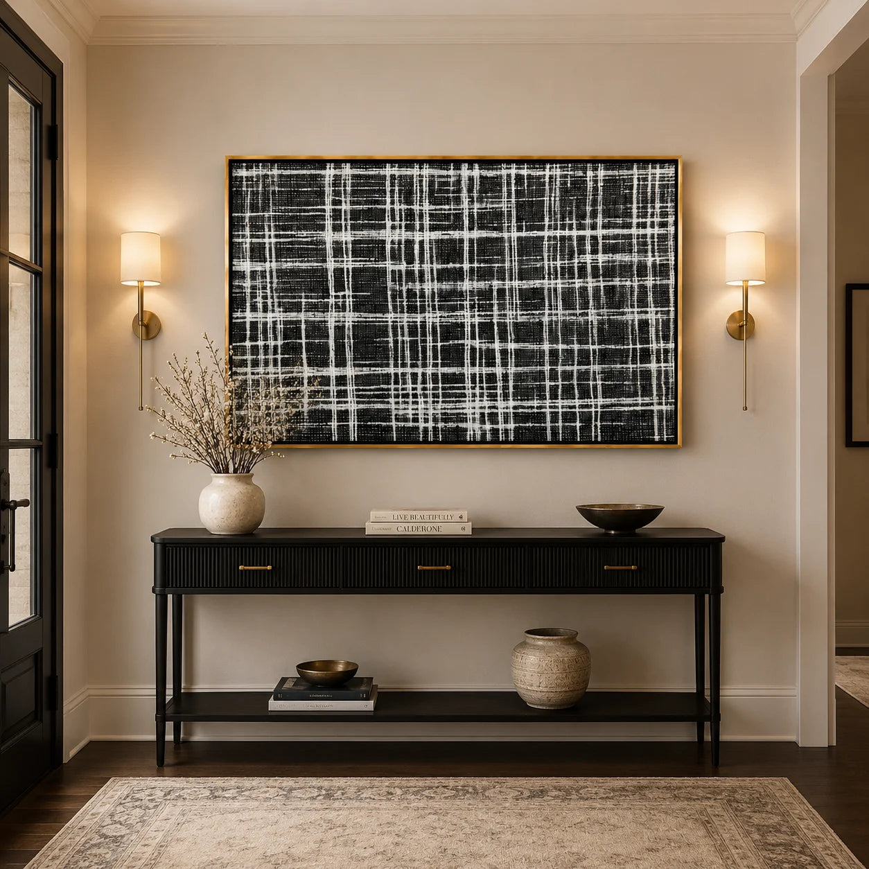 Black and White Plaid Hand-Painted Oil Painting, Modern Textured Abstract Canvas Wall Art for Luxury Home Decor#OA 0946