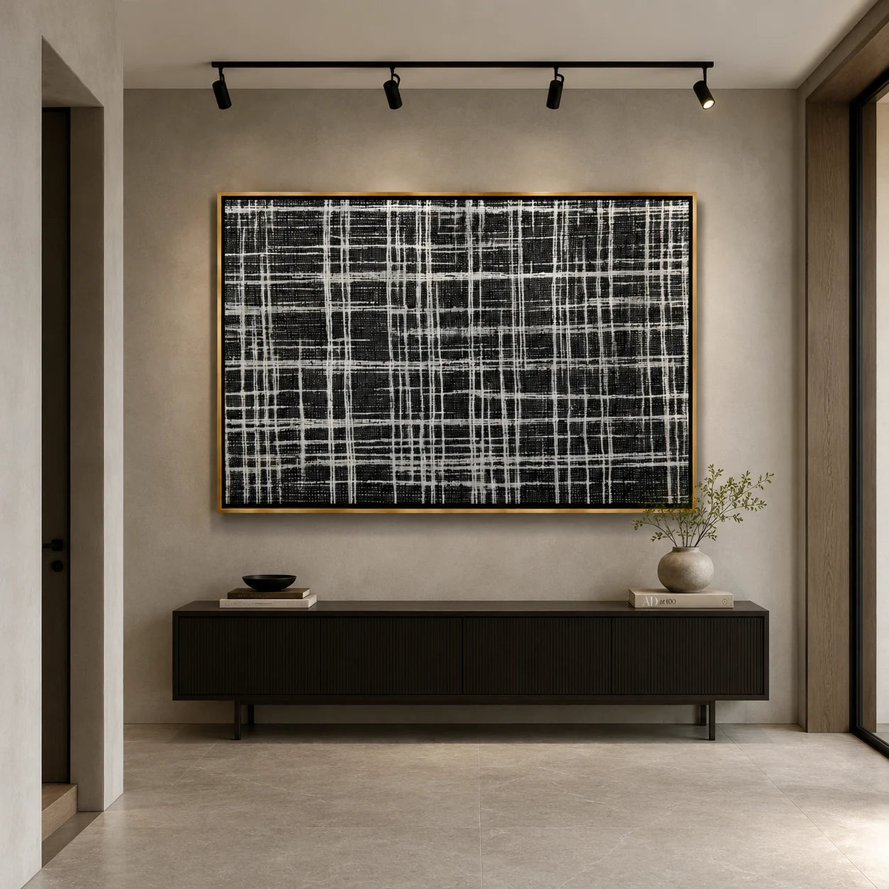 Black and White Plaid Hand-Painted Oil Painting, Modern Textured Abstract Canvas Wall Art for Luxury Home Decor#OA 0946