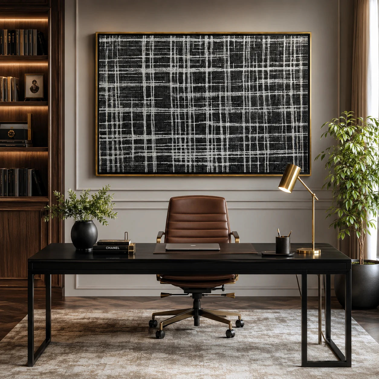 Black and White Plaid Hand-Painted Oil Painting, Modern Textured Abstract Canvas Wall Art for Luxury Home Decor#OA 0946