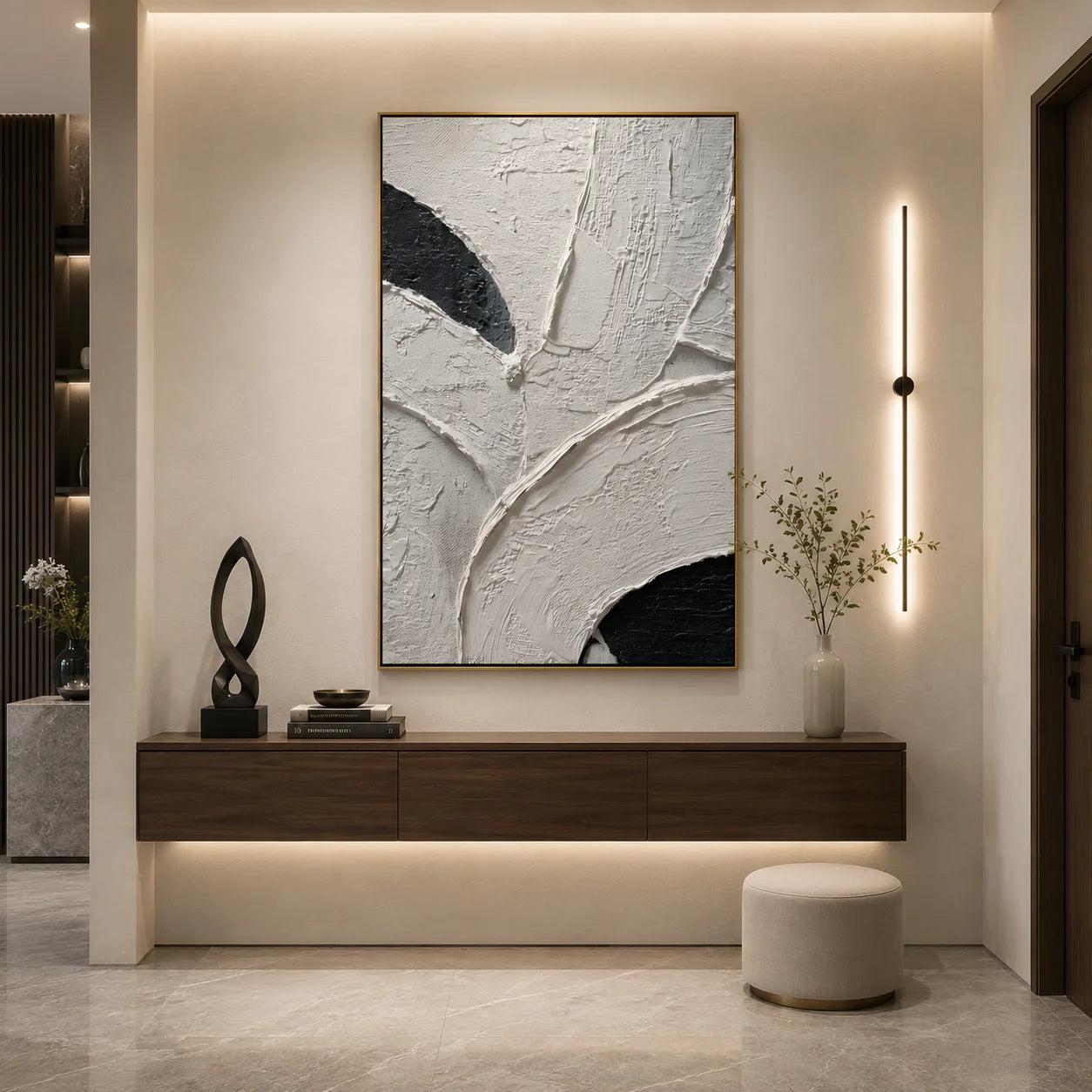 Black and White Textured Abstract Hand-Painted Oil Painting | Minimalist Modern Wall Art # OA 1076