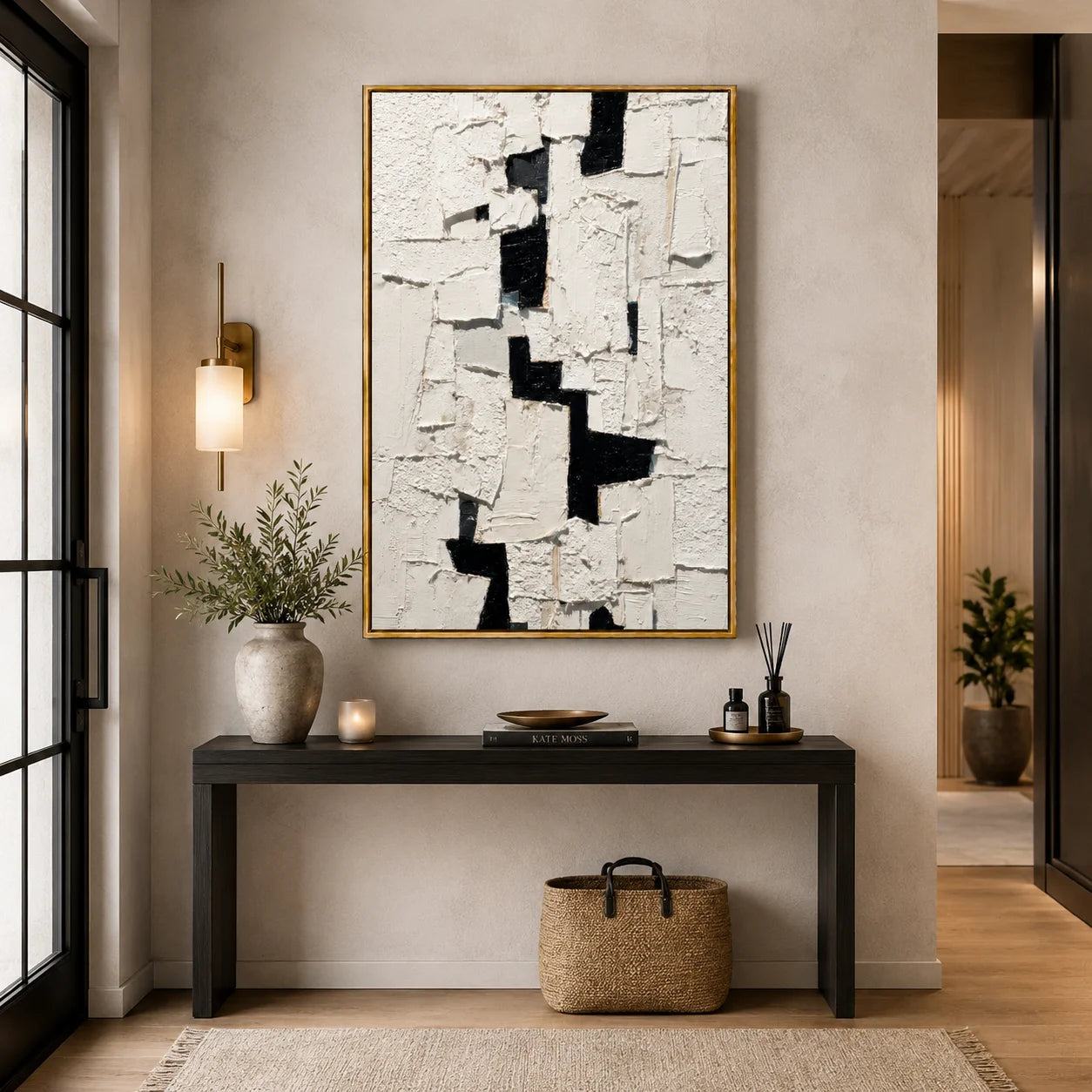 Black and White Textured Abstract Oil Painting, Hand-Painted Geometric Wall Art for Modern Minimalist Home Decor#OA 1000