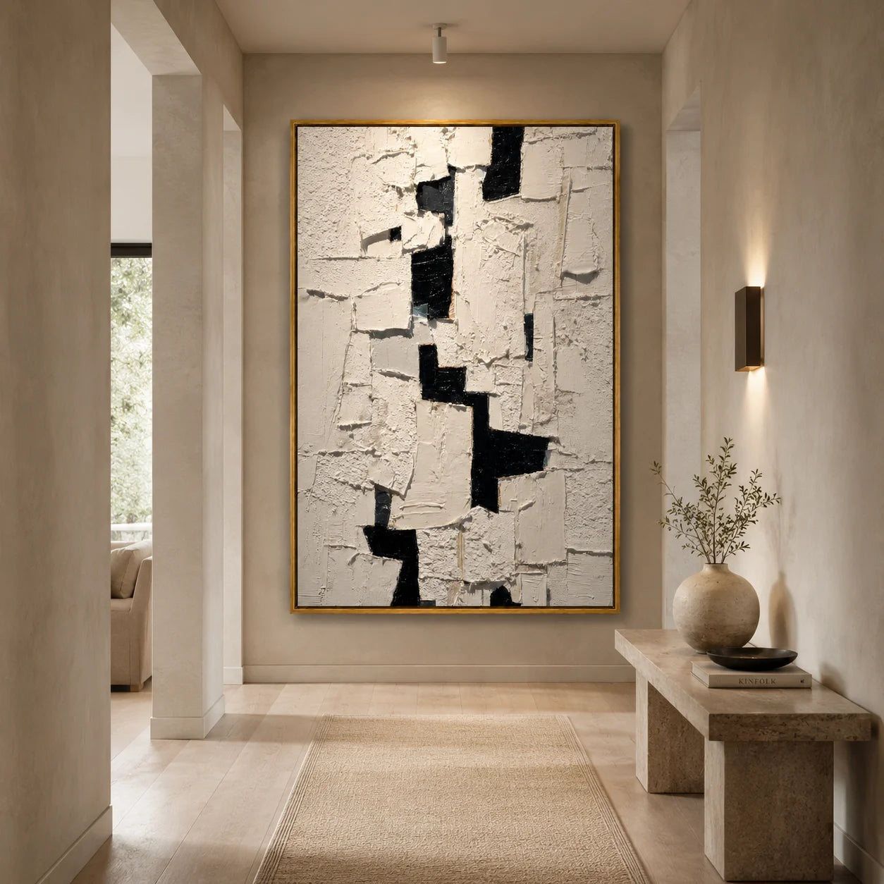 Black and White Textured Abstract Oil Painting, Hand-Painted Geometric Wall Art for Modern Minimalist Home Decor#OA 1000