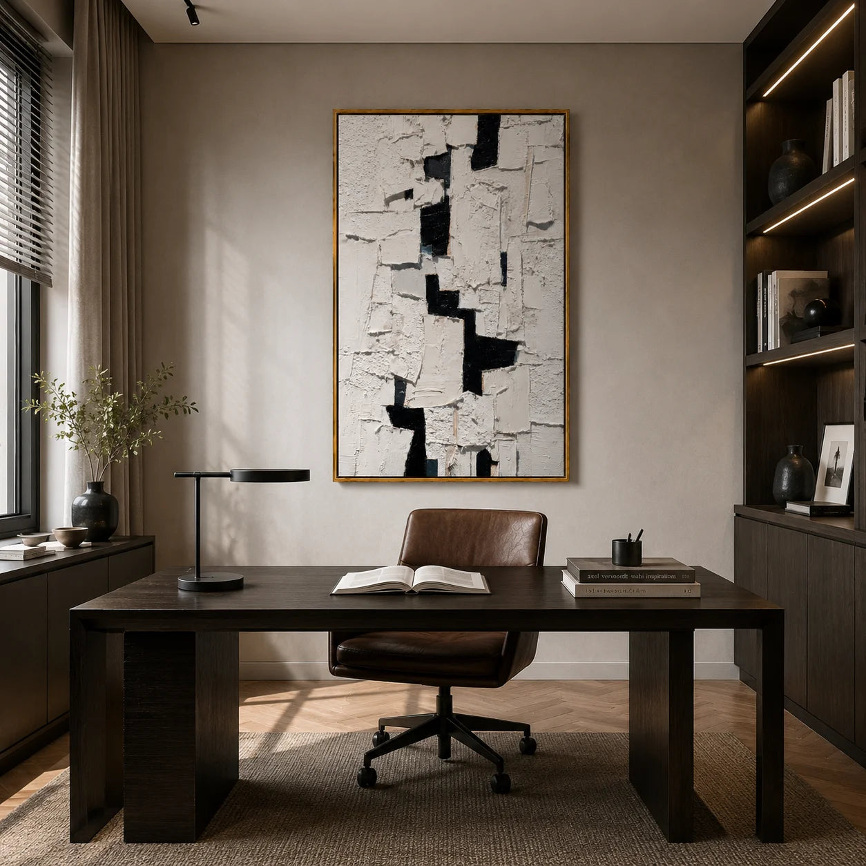 Black and White Textured Abstract Oil Painting, Hand-Painted Geometric Wall Art for Modern Minimalist Home Decor#OA 1000