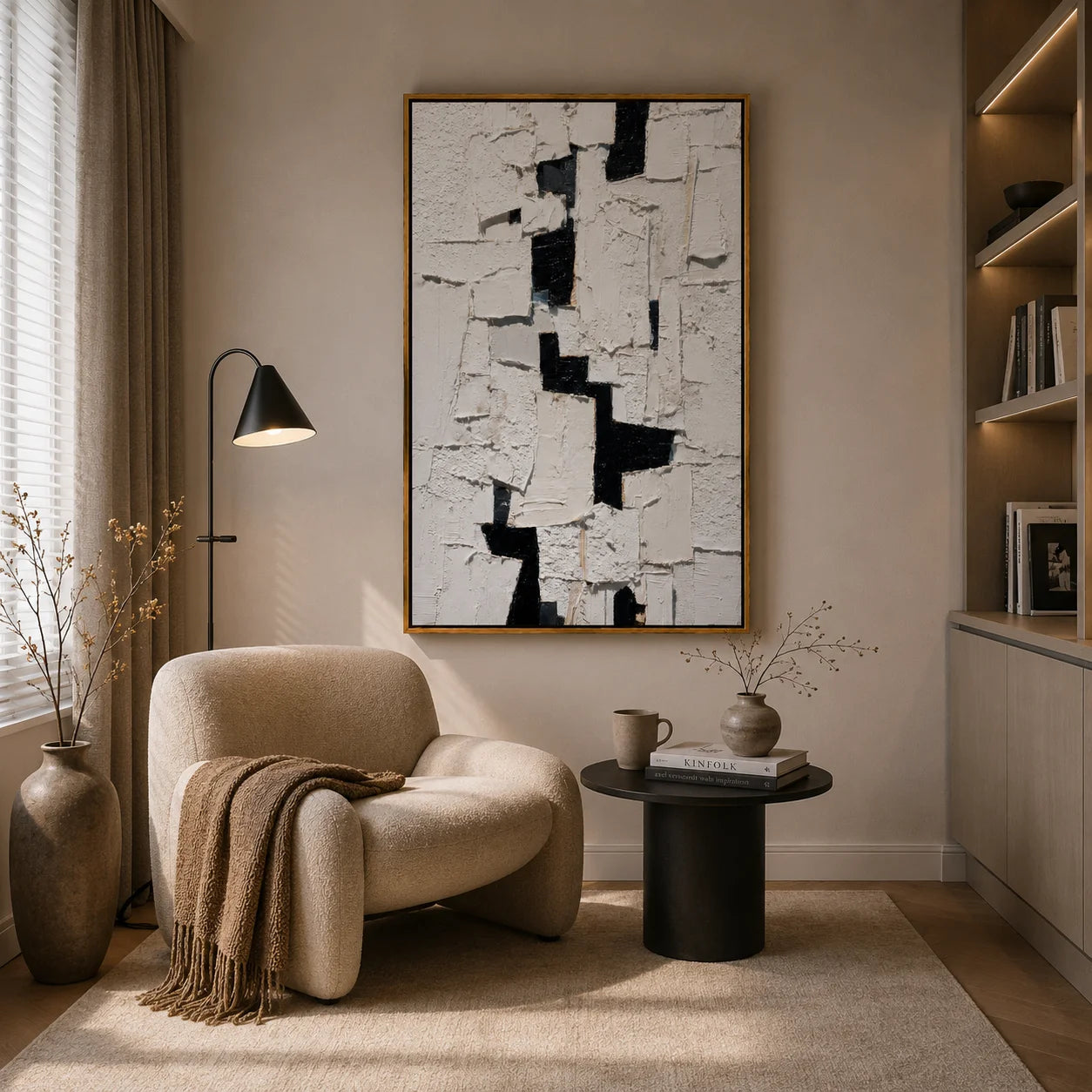 Black and White Textured Abstract Oil Painting, Hand-Painted Geometric Wall Art for Modern Minimalist Home Decor#OA 1000