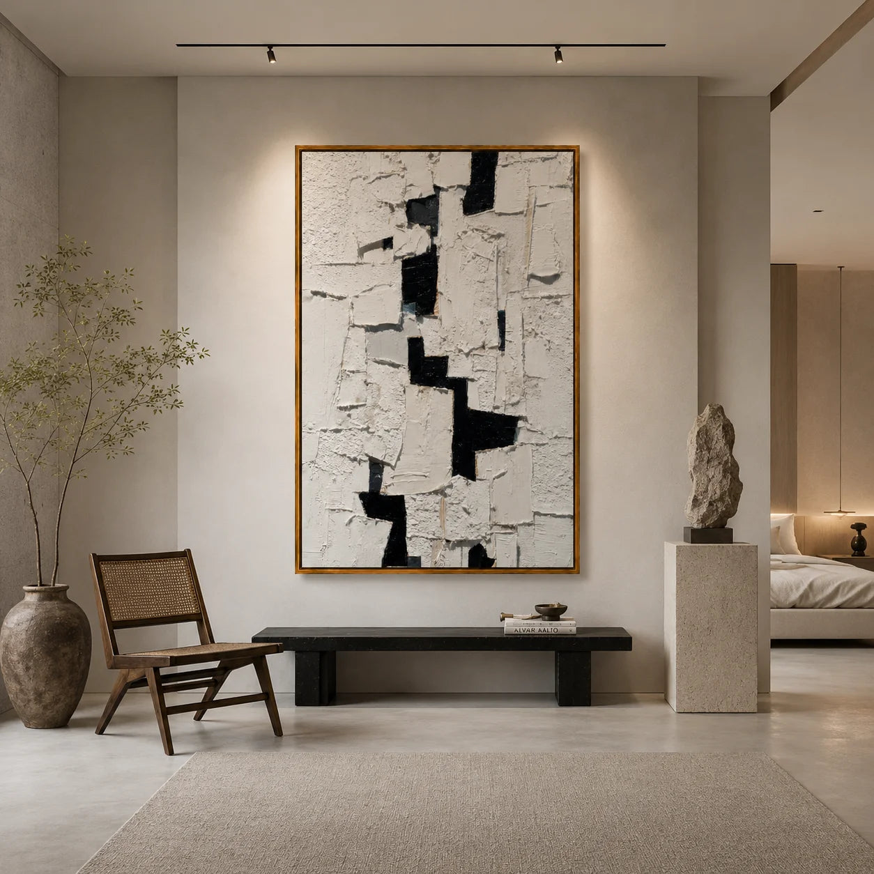 Black and White Textured Abstract Oil Painting, Hand-Painted Geometric Wall Art for Modern Minimalist Home Decor#OA 1000