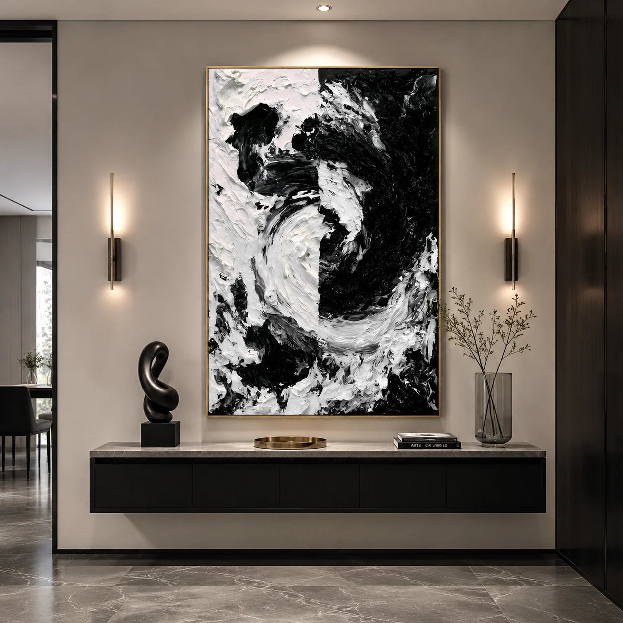 Black and White Textured Abstract Oil Painting – Vertical Impasto Wall Art # OA 1197