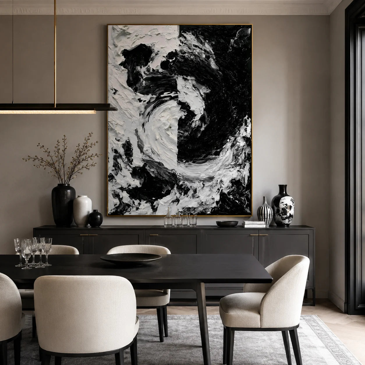 Black and White Textured Abstract Oil Painting – Vertical Impasto Wall Art # OA 1197