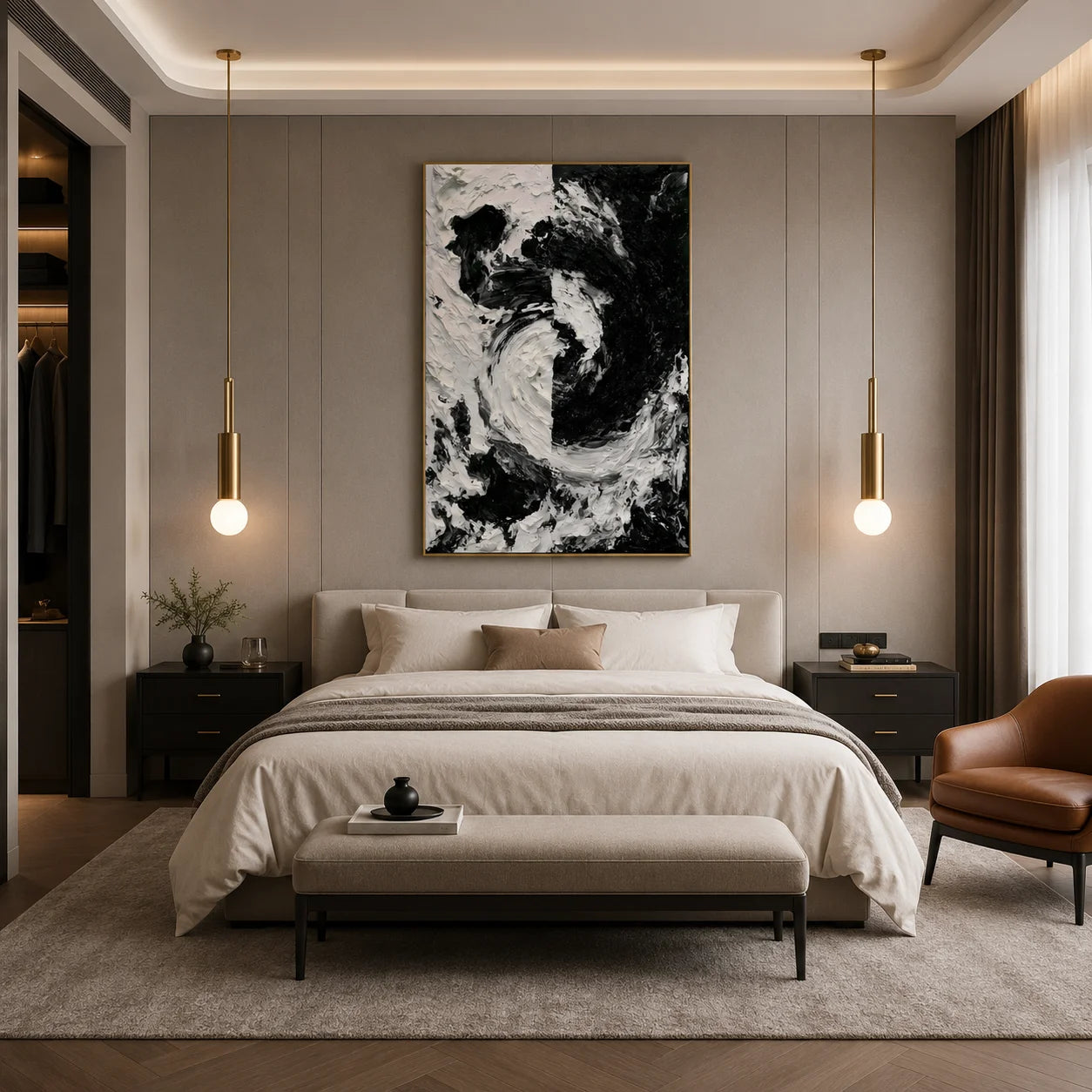Black and White Textured Abstract Oil Painting – Vertical Impasto Wall Art # OA 1197