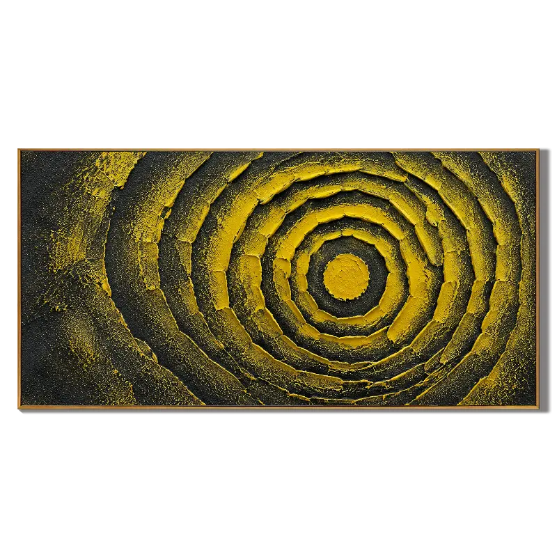 Ownanart Black and Yellow Abstract Oil Painting – Hand-Painted Textured Concentric Circle Wall Art #OA 1409