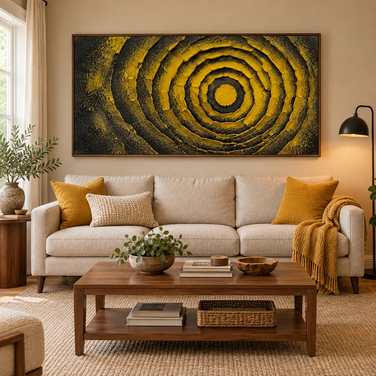 Ownanart Black and Yellow Abstract Oil Painting – Hand-Painted Textured Concentric Circle Wall Art