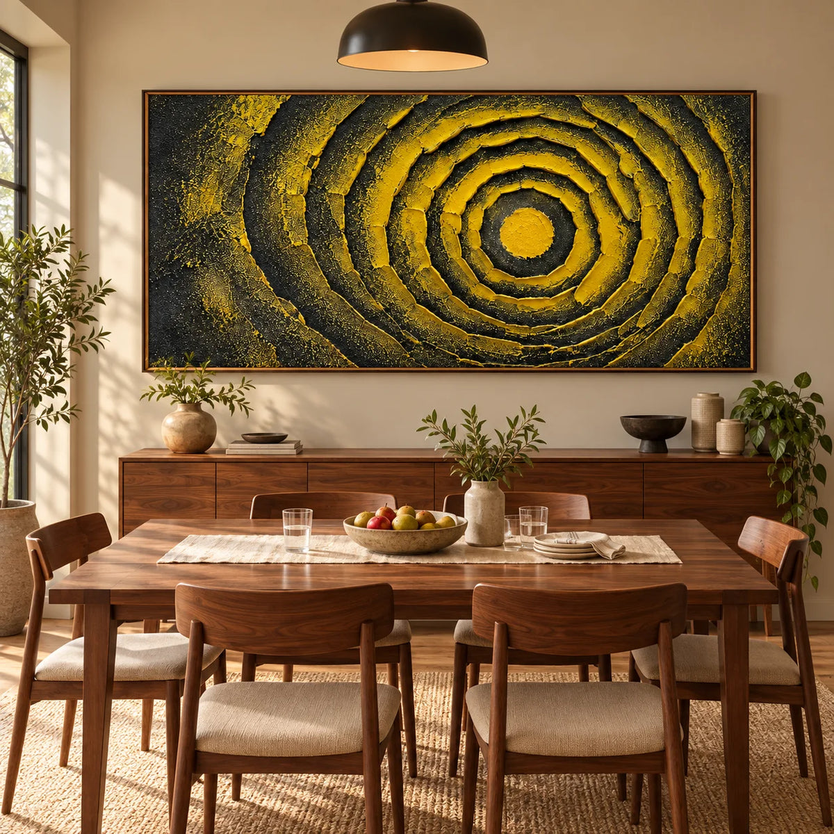 Ownanart Black and Yellow Abstract Oil Painting – Hand-Painted Textured Concentric Circle Wall Art