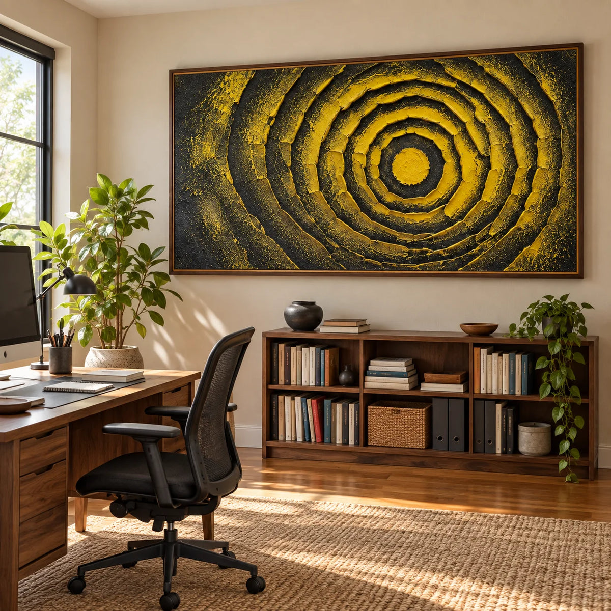 Ownanart Black and Yellow Abstract Oil Painting – Hand-Painted Textured Concentric Circle Wall Art
