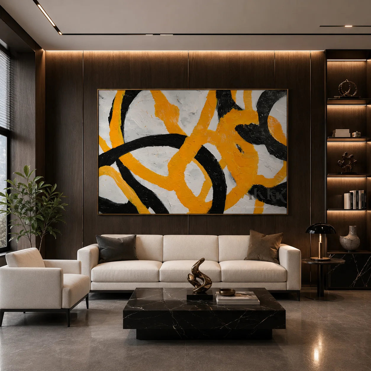 Black and Yellow Modern Abstract Hand-Painted Oil Painting | Textured Geometric Line Wall Art # OA 1075