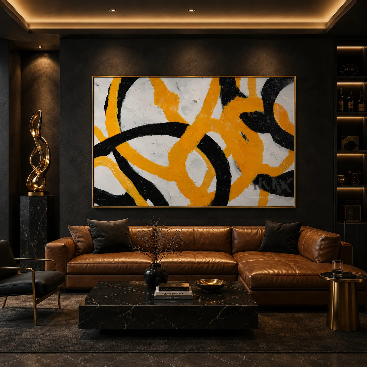 Black and Yellow Modern Abstract Hand-Painted Oil Painting | Textured Geometric Line Wall Art # OA 1075