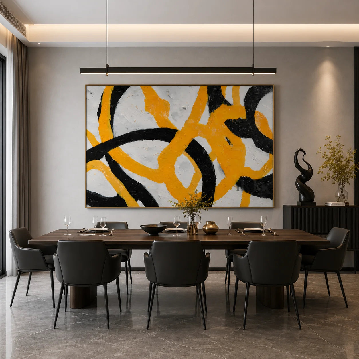 Black and Yellow Modern Abstract Hand-Painted Oil Painting | Textured Geometric Line Wall Art # OA 1075